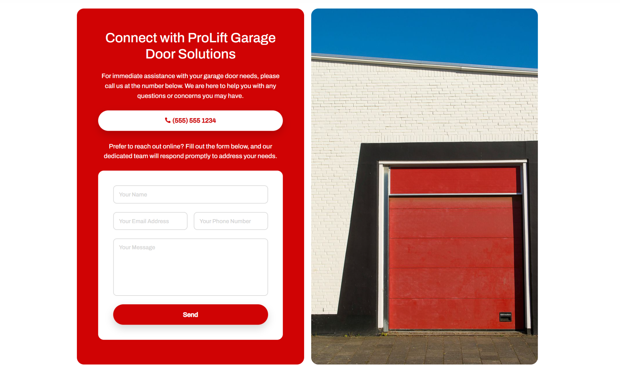 Contact section titled “Connect with ProLift Garage Door Solutions” featuring a red panel with a phone number button and a contact form next to a tall photo of a red commercial garage door set into a white brick building