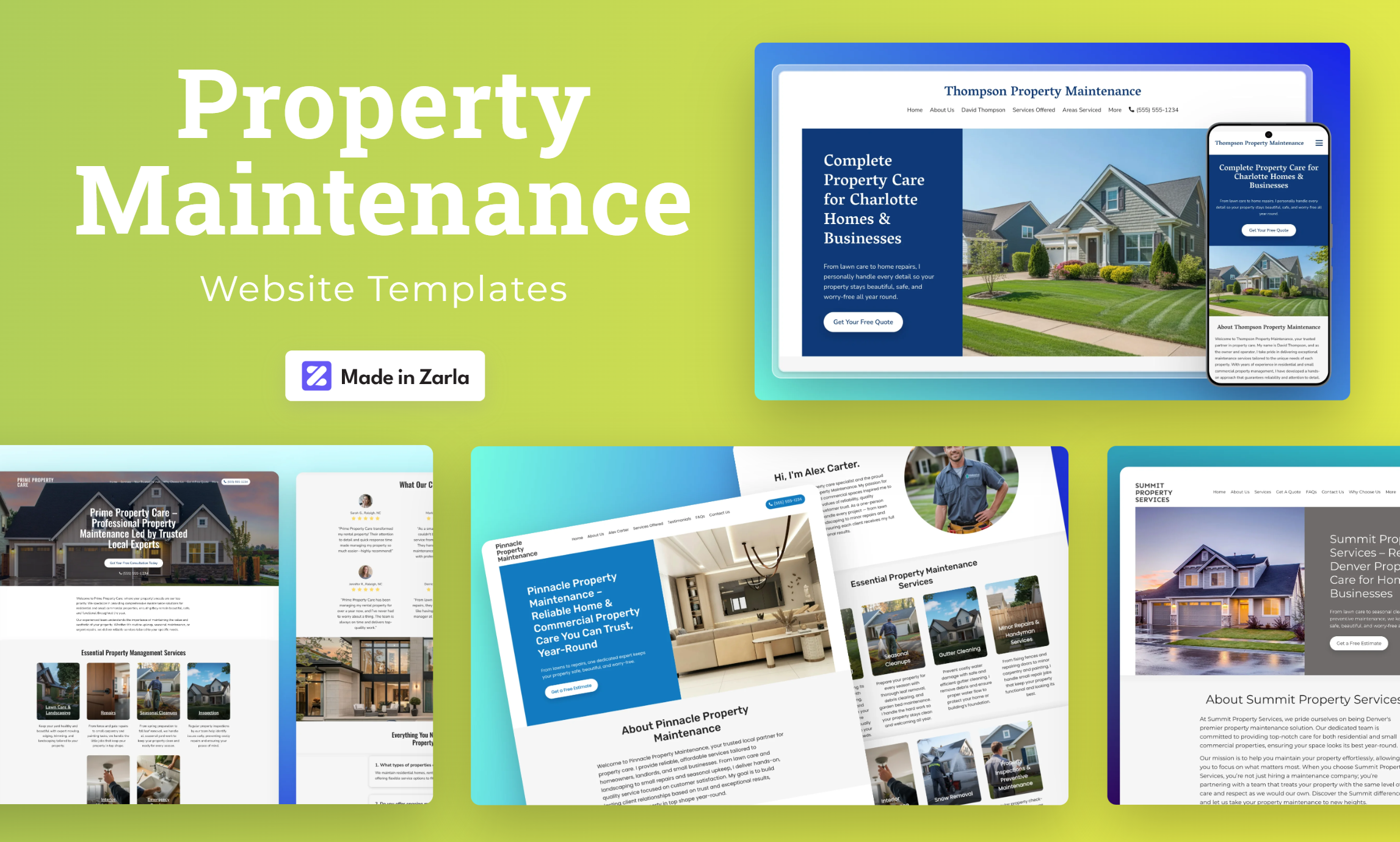 Collection of property maintenance website templates created with Zarla