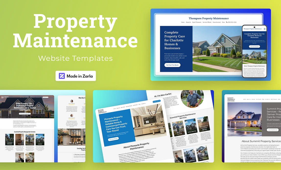 Collection of property maintenance website templates created with Zarla