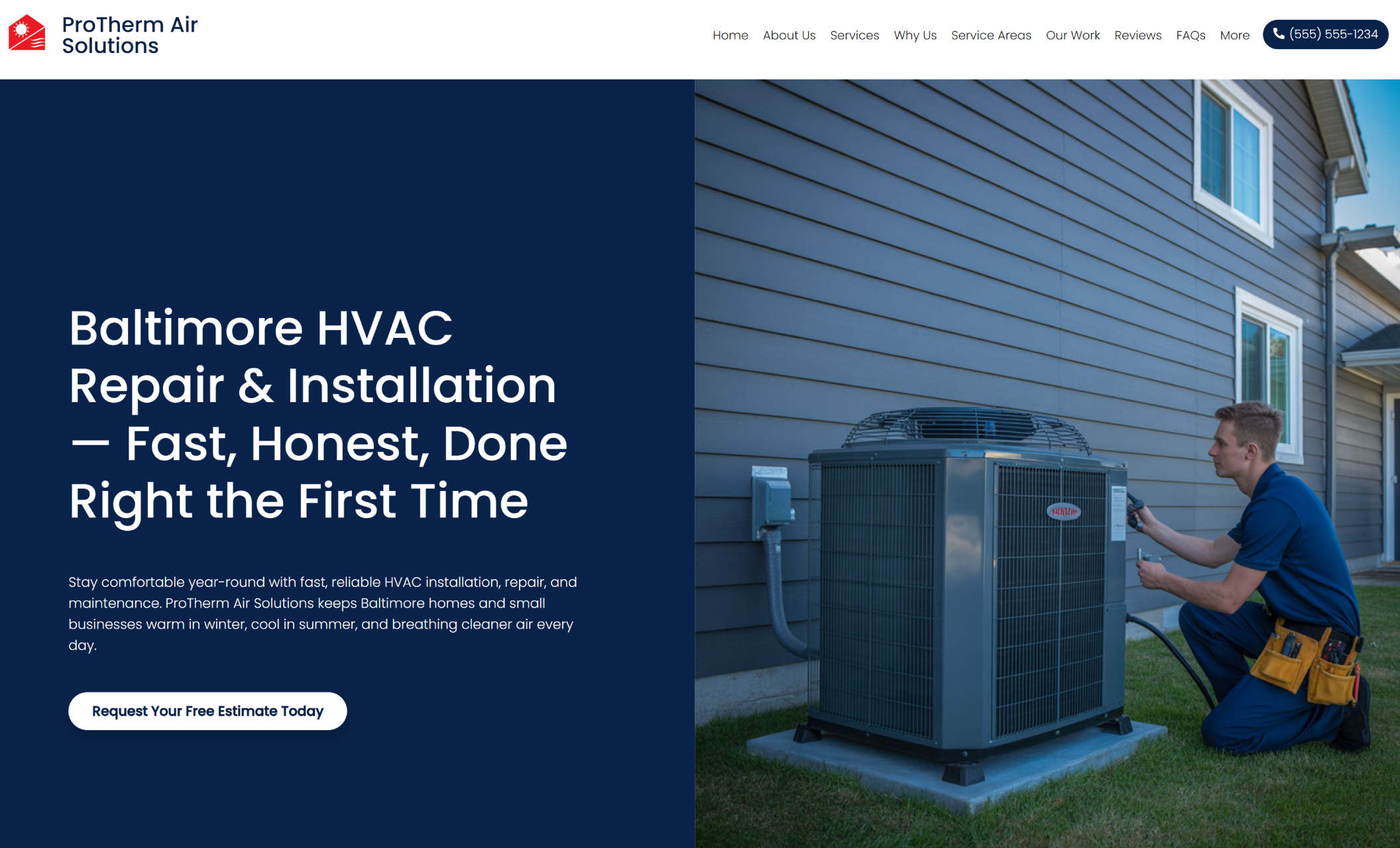 ProTherm Air Solutions homepage featuring a technician servicing an outdoor AC unit beside the headline “Baltimore HVAC Repair & Installation — Fast, Honest, Done Right the First Time” and a white button that says “Request Your Free Estimate Today.”