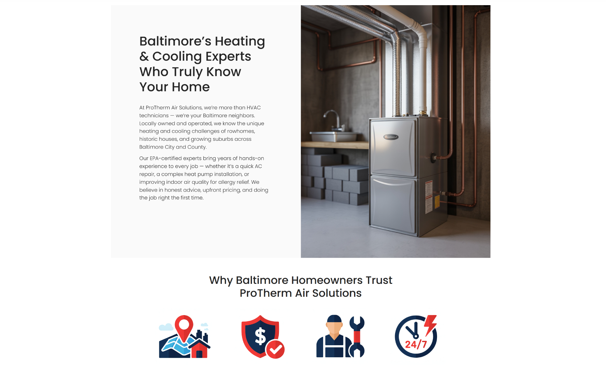 ProTherm Air Solutions about section featuring a silver furnace installed in a modern basement beside the headline “Baltimore’s Heating & Cooling Experts Who Truly Know Your Home,” with text describing the company’s local expertise