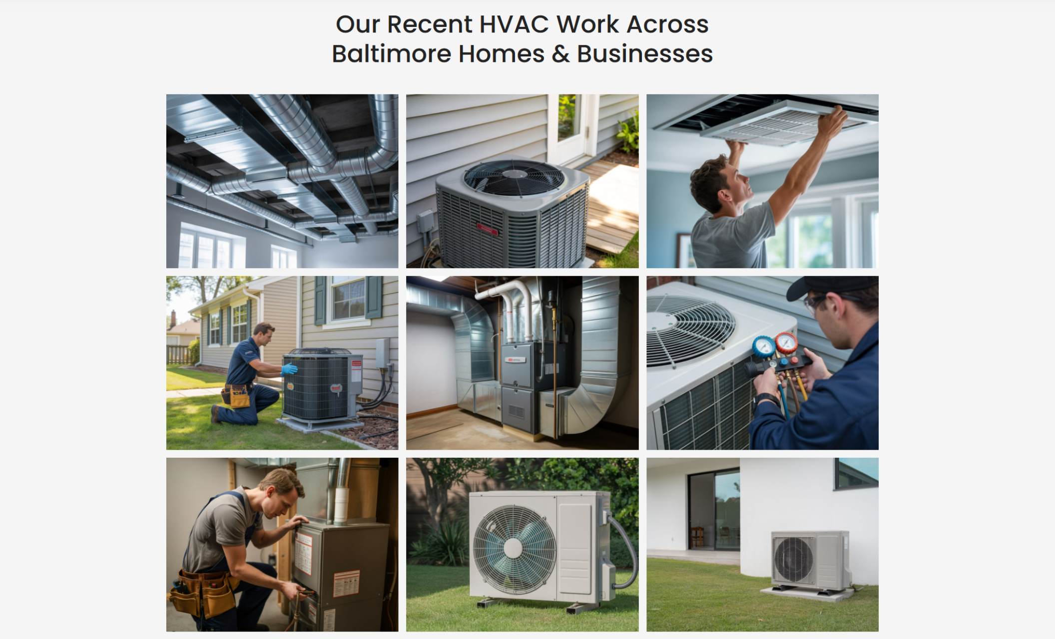 ProTherm Air Solutions project gallery showcasing nine HVAC installation and maintenance photos, including ductwork, technicians, and air conditioning units, beneath the headline “Our Recent HVAC Work Across Baltimore Homes & Businesses.”
