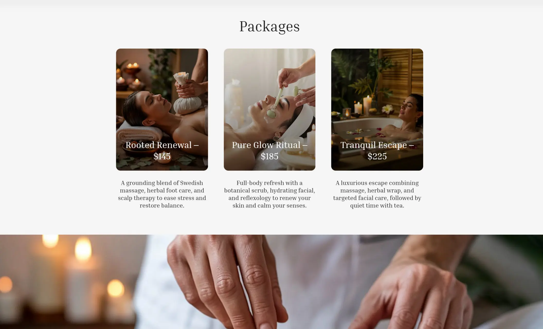 Pure Root Spa's website displaying packages, and the image of the hands of a masseuse
