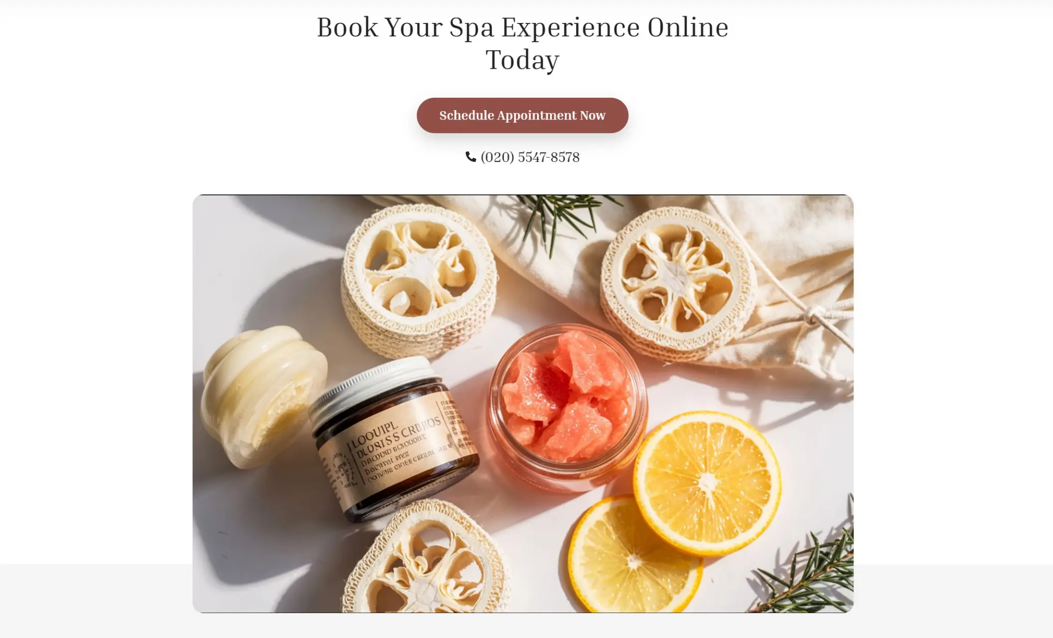 Pure Root Spa's website displaying a call to action to book, and the image of face cream, fruits and sponges