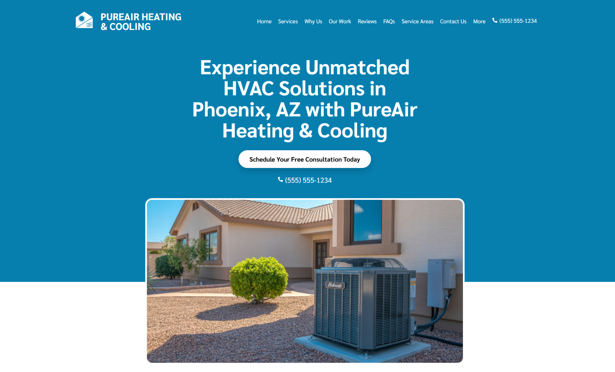 PureAir Heating & Cooling homepage featuring a bold headline that reads “Experience Unmatched HVAC Solutions in Phoenix, AZ with PureAir Heating & Cooling” above a blue call-to-action button and photo of an outdoor AC unit next to a desert-style home