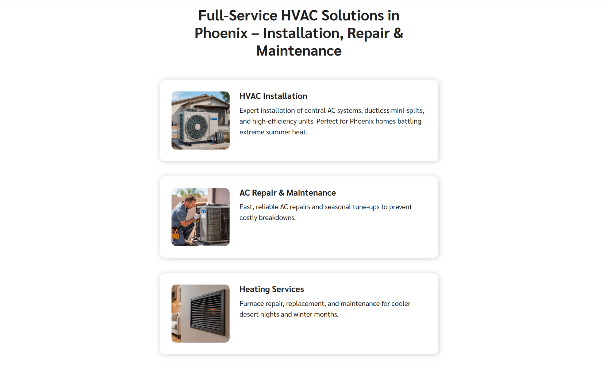PureAir Heating & Cooling service overview section listing “HVAC Installation,” “AC Repair & Maintenance,” and “Heating Services” with images, short descriptions, and a clean three-box layout