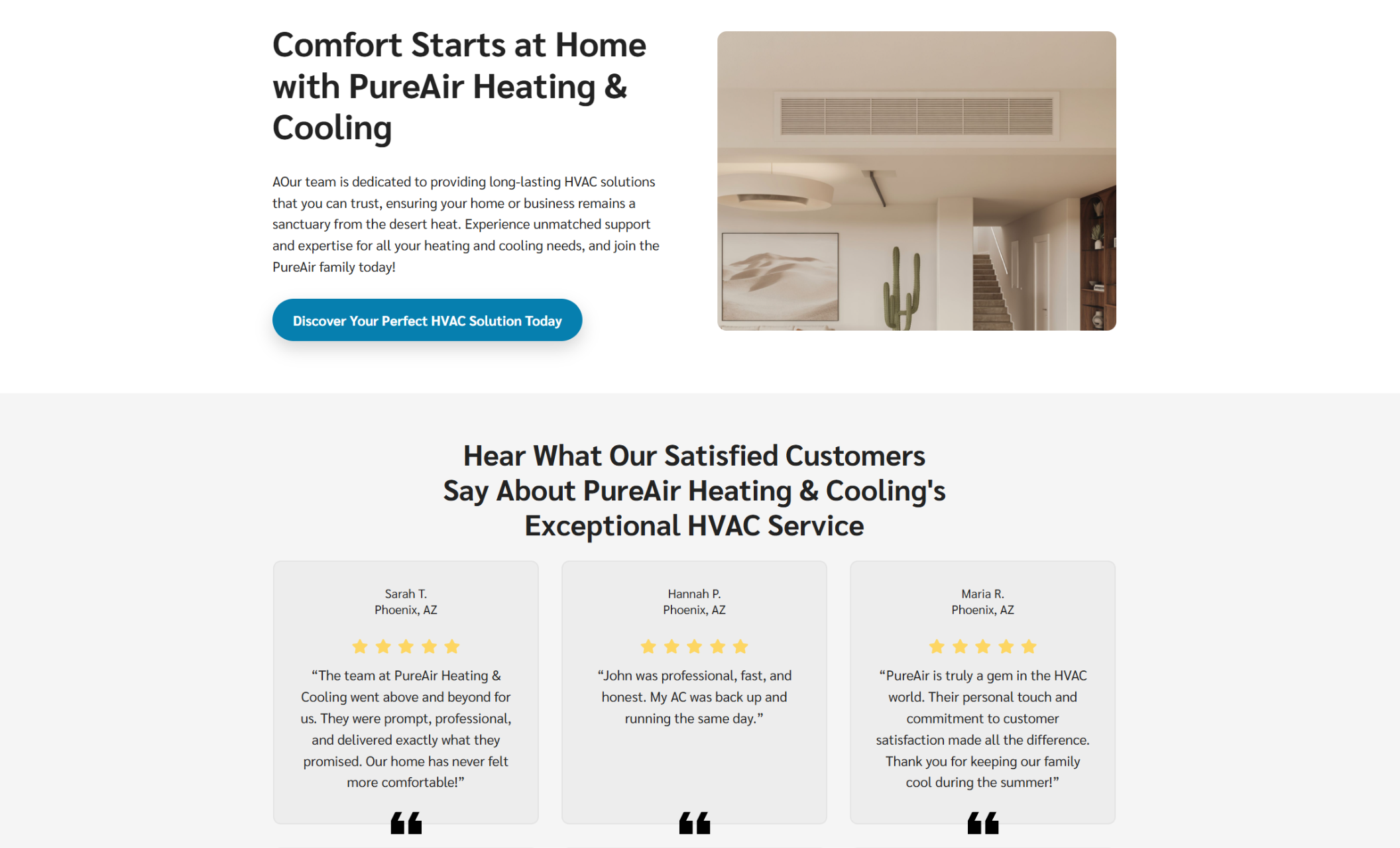 PureAir Heating & Cooling page section with the headline “Comfort Starts at Home with PureAir Heating & Cooling” above a customer testimonial section featuring three review cards with names, quotes, and star ratings
