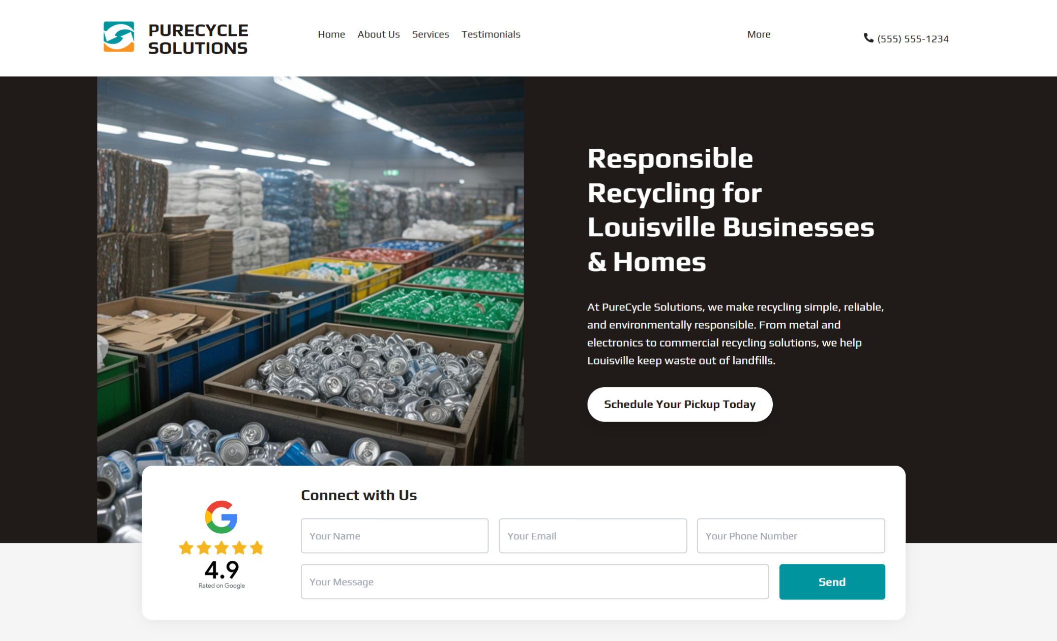 PureCycle Solutions homepage showing a recycling facility with sorted materials, the headline “Responsible Recycling for Louisville Businesses & Homes,” and a pickup scheduling call-to-action