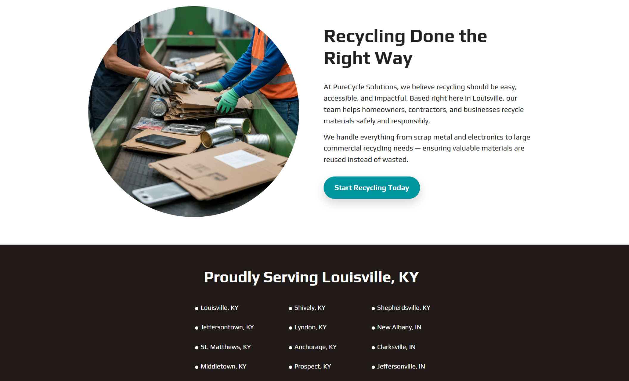 PureCycle Solutions service section with the headline “Recycling Done the Right Way,” alongside an image of workers sorting cardboard and metal, plus a “Start Recycling Today” button