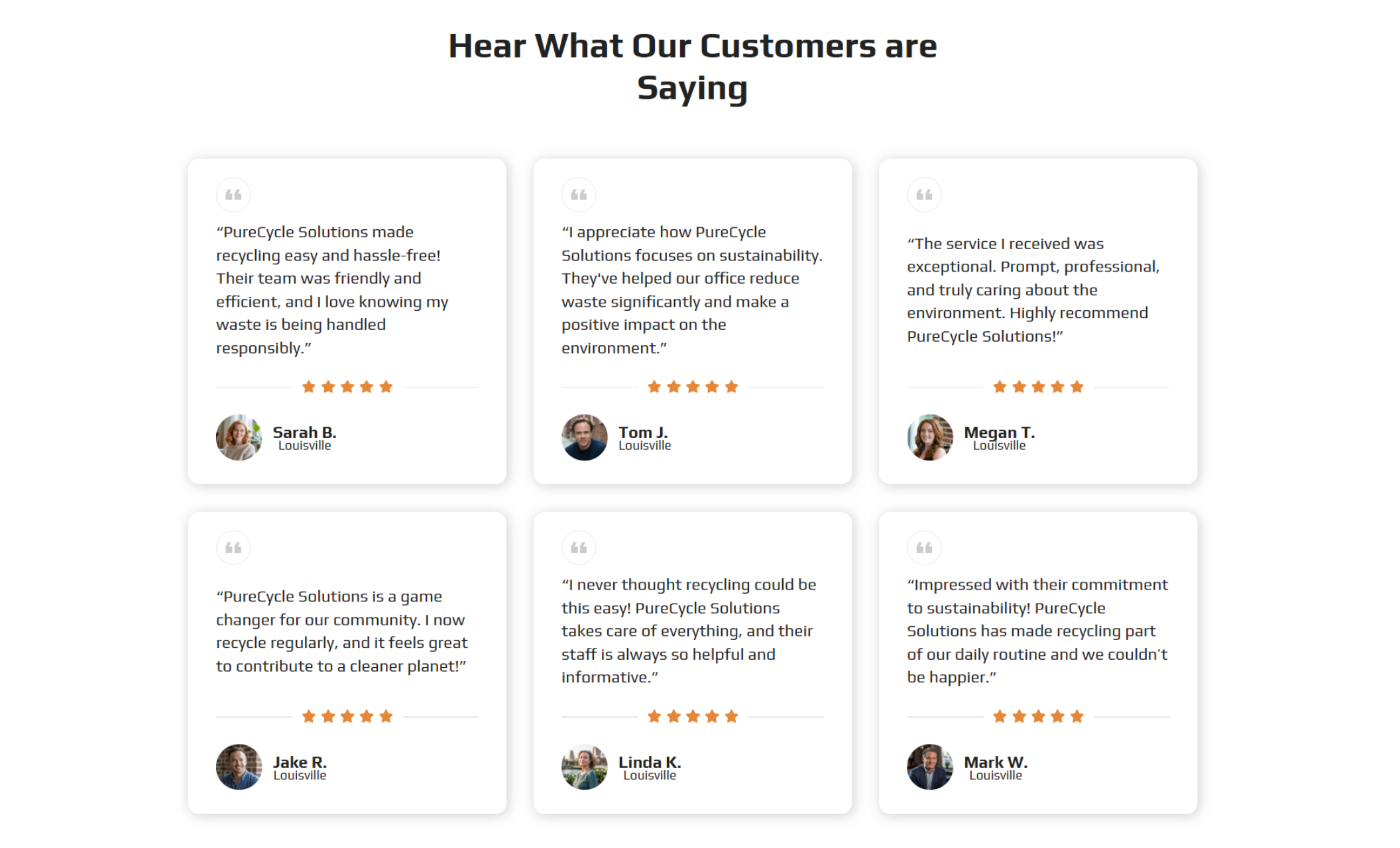 PureCycle Solutions testimonials section titled “Hear What Our Customers are Saying,” featuring six customer reviews with star ratings, names, and short feedback quotes