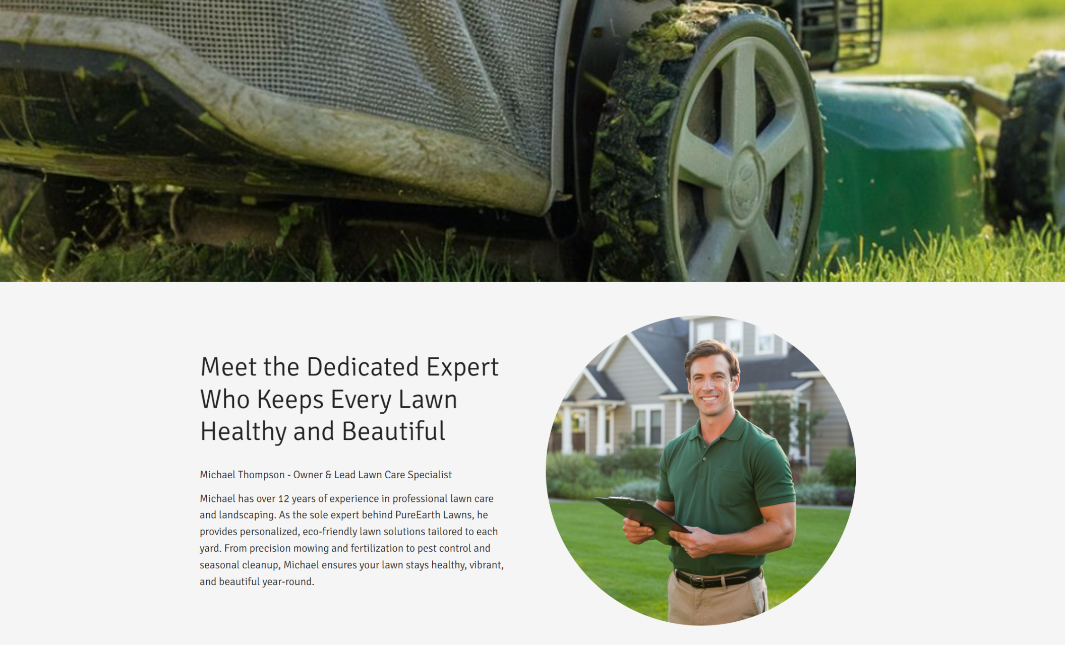 ureEarth Lawns “Meet the Expert” section featuring Michael Thompson, owner and lawn care specialist, smiling in a green polo shirt and holding a clipboard in front of a manicured suburban home, with a headline highlighting his experience and eco-friendly approach