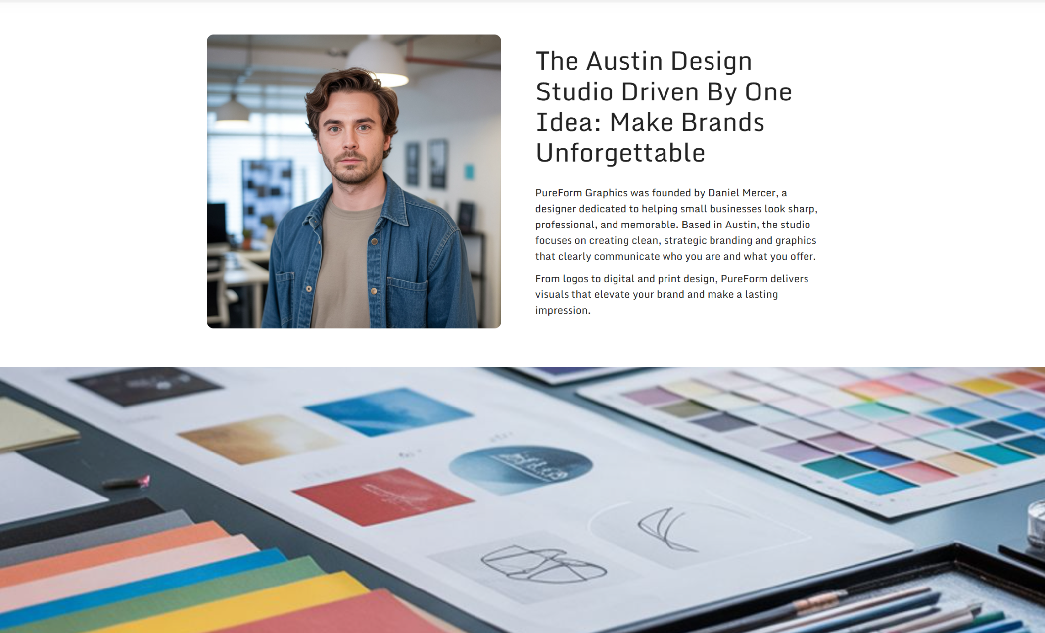 PureForm Graphics about section featuring a portrait of the designer, Daniel Mercer, beside the headline “The Austin Design Studio Driven By One Idea: Make Brands Unforgettable” and a description of the studio’s philosophy and services