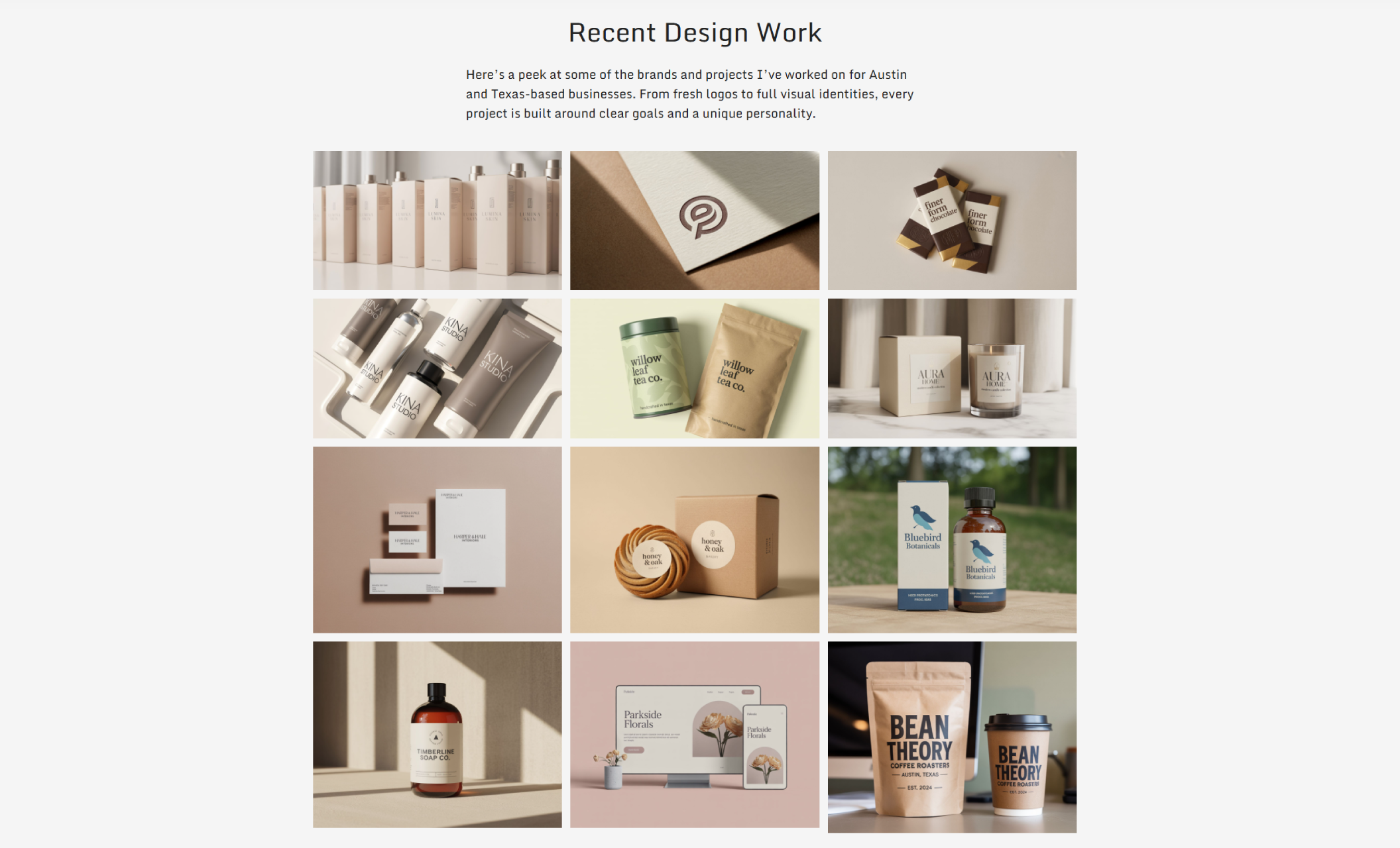 PureForm Graphics portfolio section displaying a tight grid of branding and packaging projects, including minimal skincare bottles, logo stamps, stationery sets, tea packaging, candle boxes, and custom product labels under the heading “Recent Design Work.”