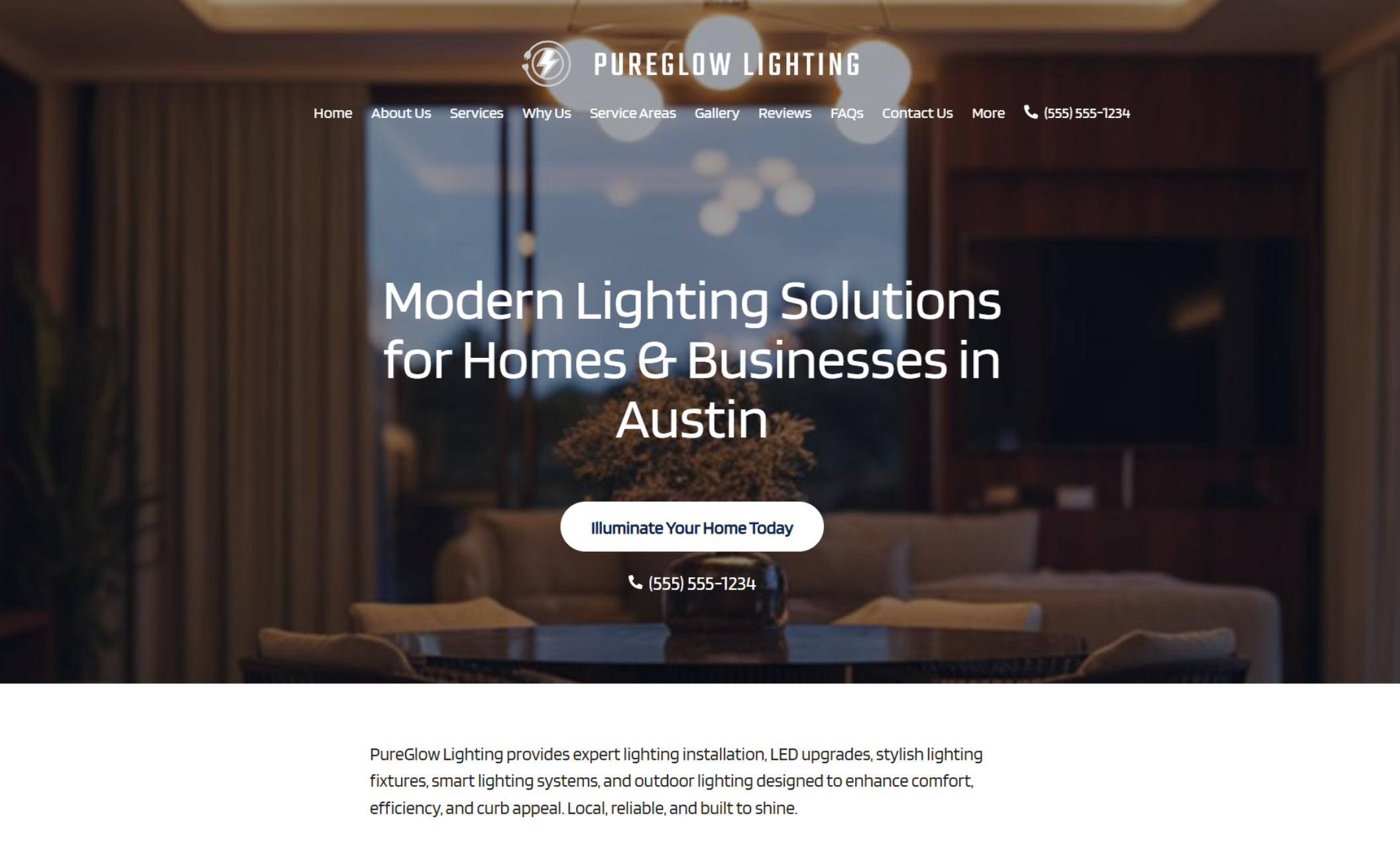 PureGlow Lighting homepage hero section showcasing a warmly lit dining room interior with modern pendant lights, the headline “Modern Lighting Solutions for Homes & Businesses in Austin,” and a centered button that says “Illuminate Your Home Today.”