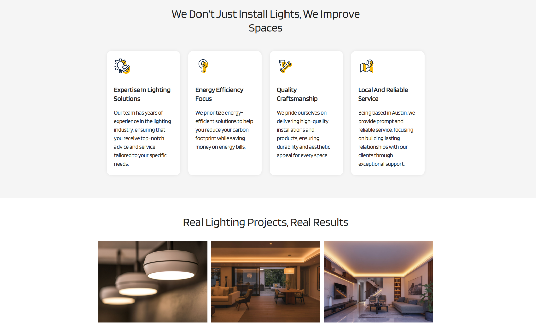 PureGlow Lighting service highlights section displaying four icon-based cards labeled Expertise in Lighting Solutions, Energy Efficiency Focus, Quality Craftsmanship, and Local and Reliable Service, followed by a gallery of completed lighting projects