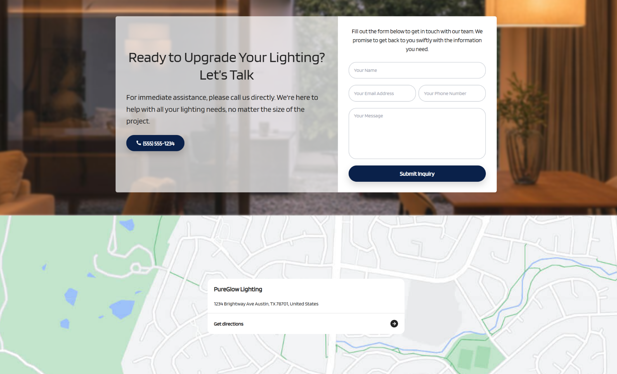 PureGlow Lighting contact section featuring a split layout with a soft-lit interior background, a contact form on the right, a phone call button on the left, and the headline “Ready to Upgrade Your Lighting? Let’s Talk.”