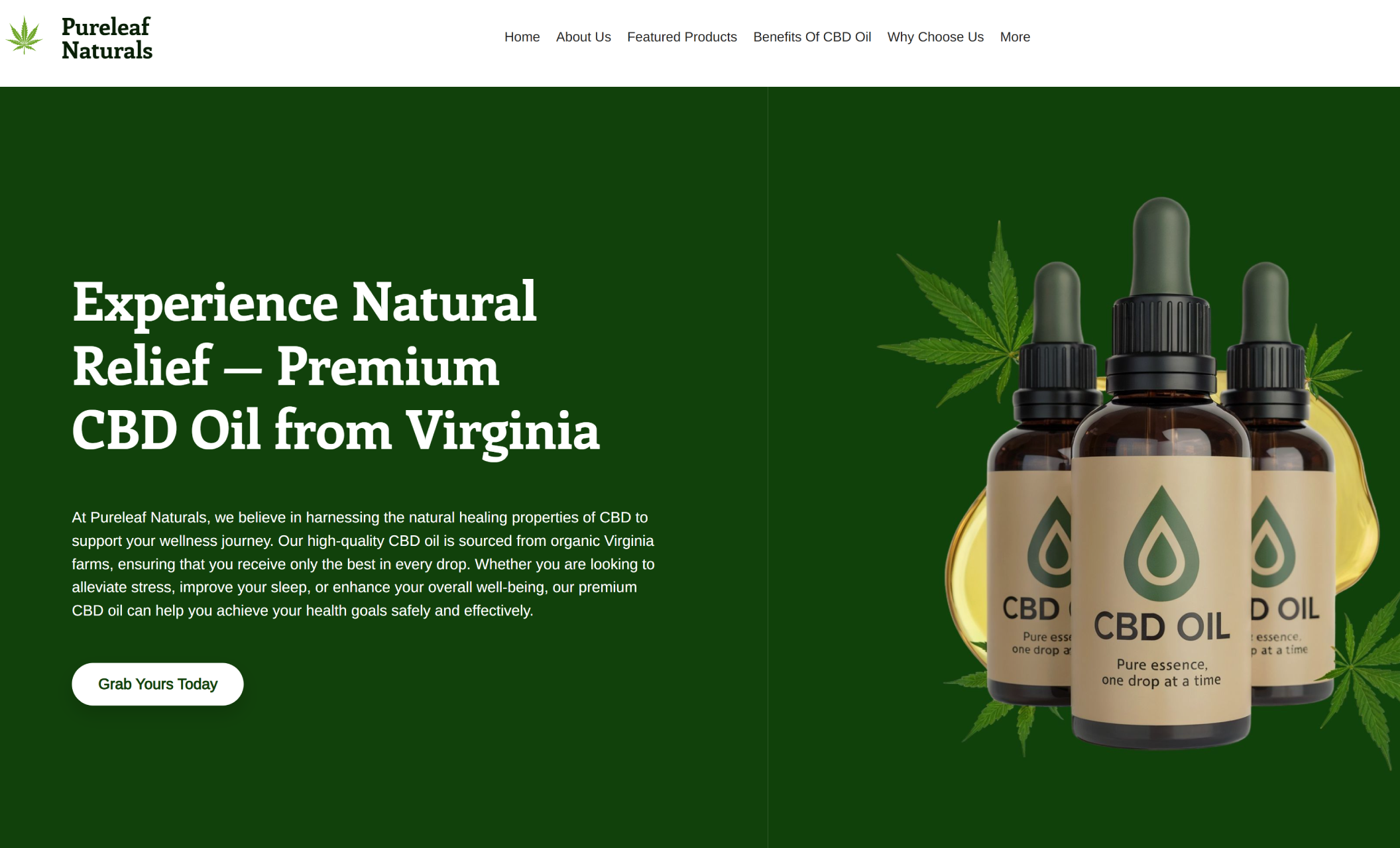Pureleaf Naturals homepage featuring three CBD oil dropper bottles surrounded by hemp leaves and golden oil droplets, set against a dark green background with the headline “Experience Natural Relief — Premium CBD Oil from Virginia” and a button that says “Grab Yours Today”