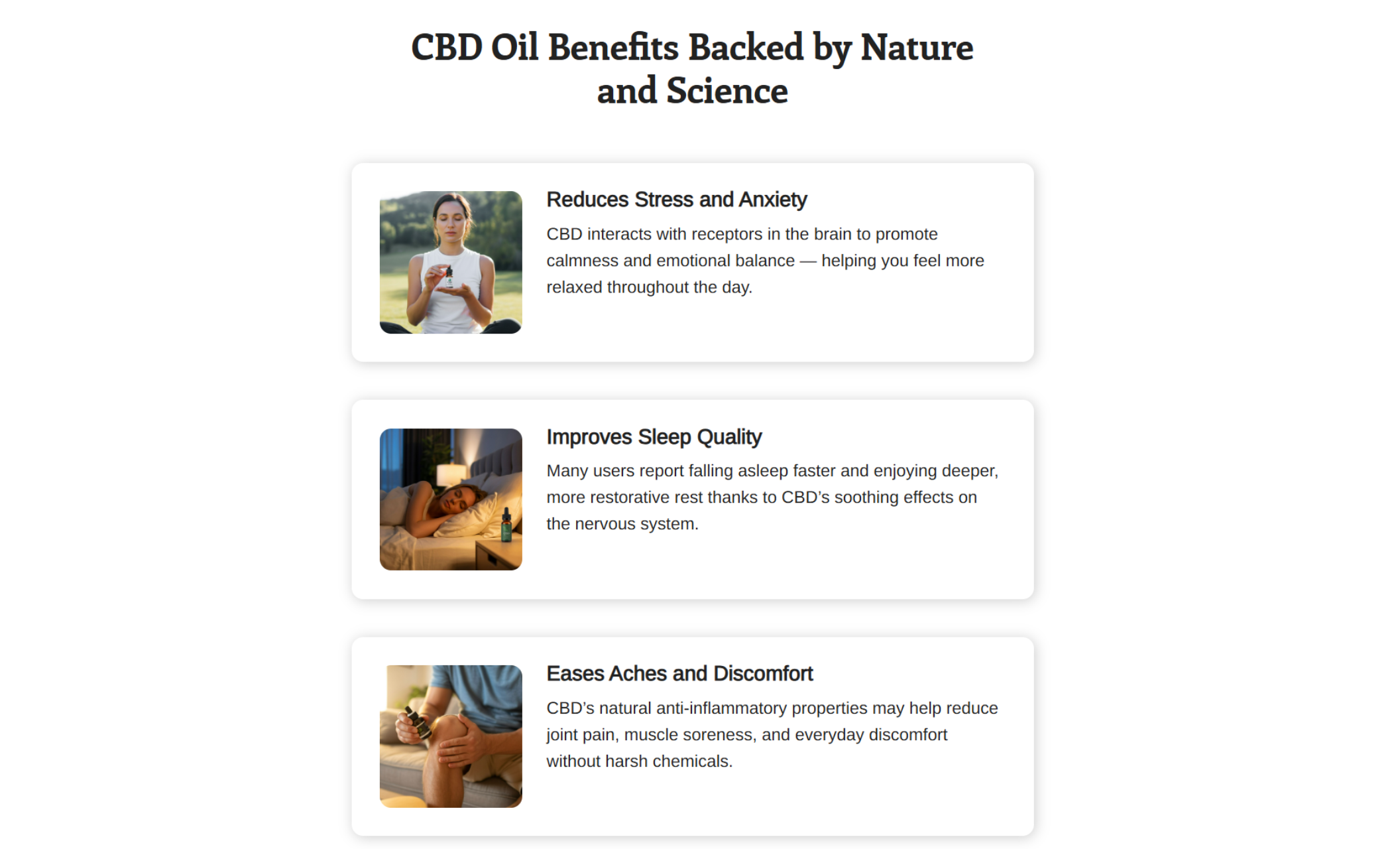 CBD oil benefits section from the Pureleaf Naturals website showing three cards with images and descriptions: a woman holding tea titled “Reduces Stress and Anxiety,” a woman sleeping titled “Improves Sleep Quality,” and a man applying oil to his knee titled “Eases Aches and Discomfort”