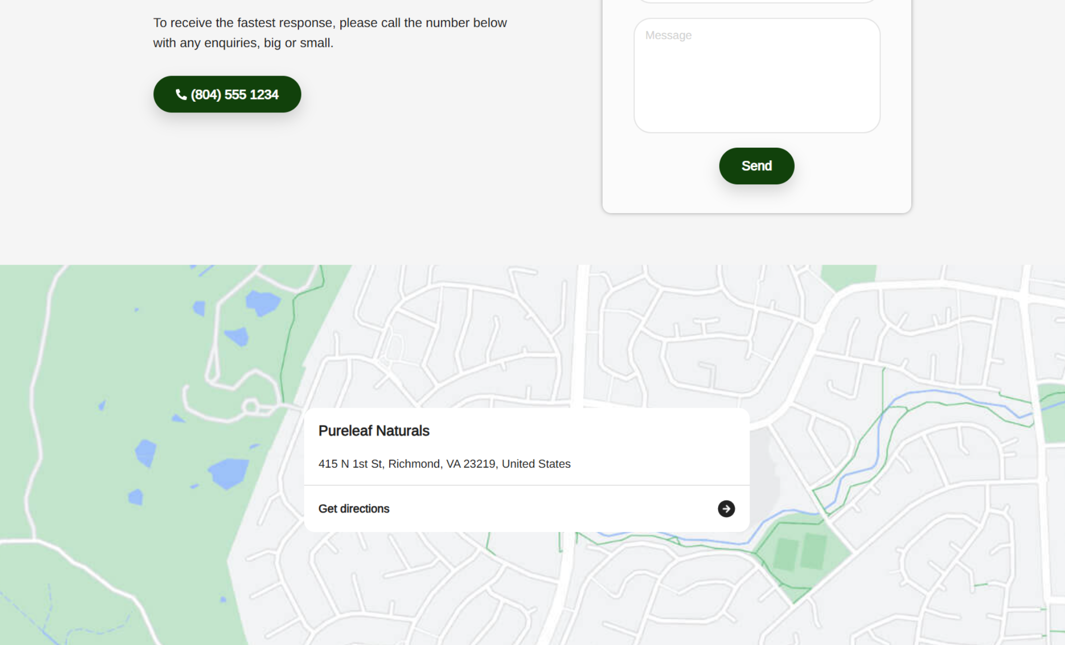 Contact and map section of the Pureleaf Naturals homepage featuring a contact form, a dark green call button with the phone number (804) 555 1234, and a map showing the location at 415 N 1st St, Richmond, VA 23219, labeled “Pureleaf Naturals”