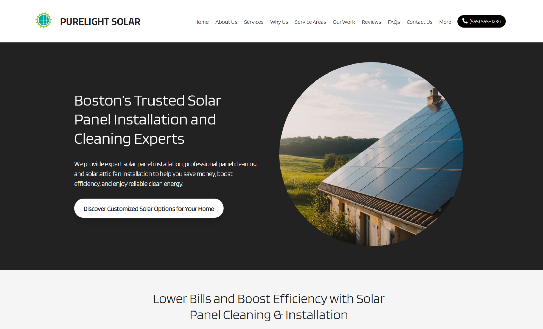 PureLight Solar homepage featuring a round photo of rooftop solar panels in a field landscape, paired with the headline “Boston’s Trusted Solar Panel Installation and Cleaning Experts” and a white button that says “Discover Customized Solar Options for Your Home.”