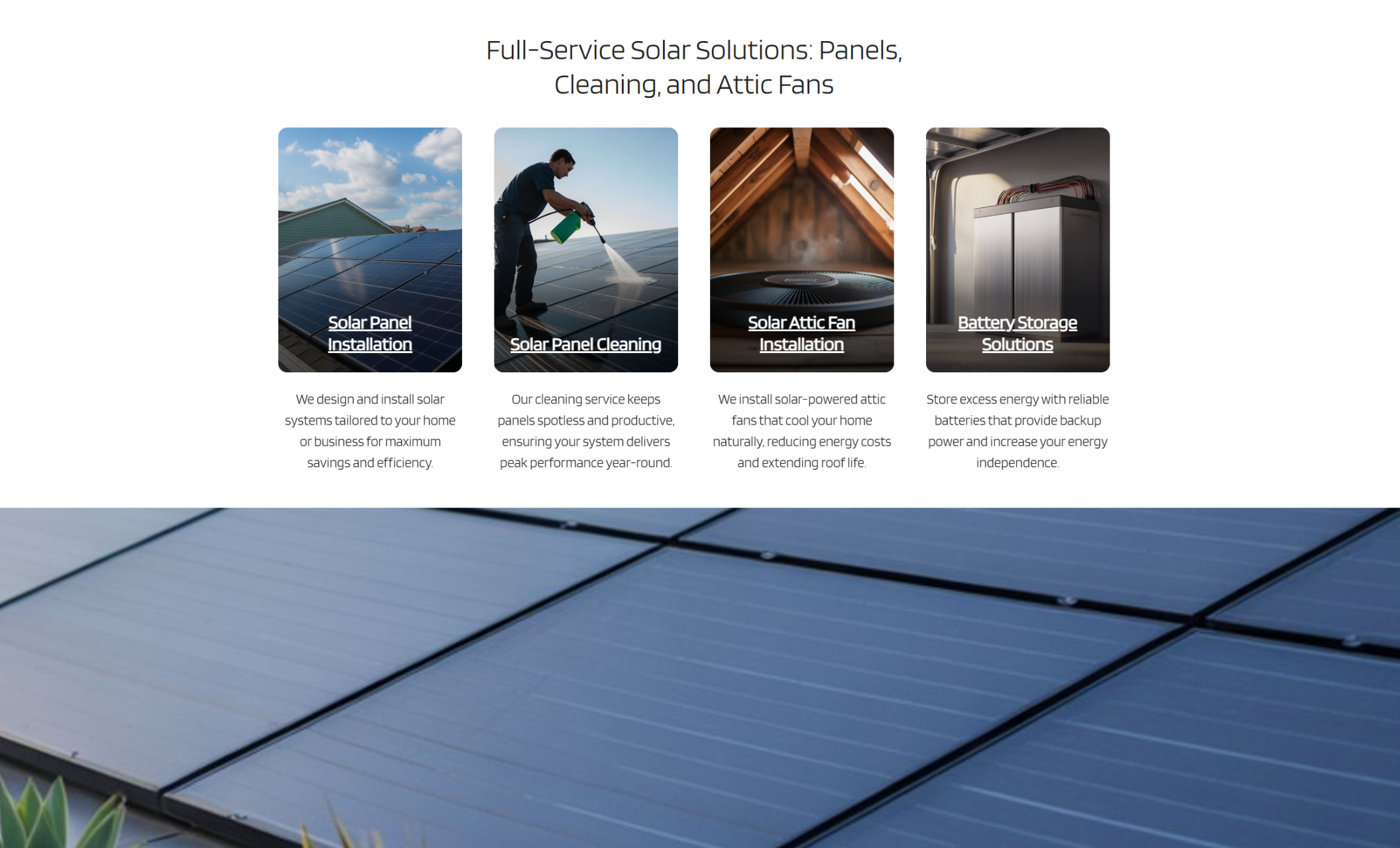 PureLight Solar webpage showing four service blocks — Solar Panel Installation, Solar Panel Cleaning, Solar Attic Fan Installation, and Battery Storage Solutions — with corresponding images and short descriptions above a full-width photo of solar panels