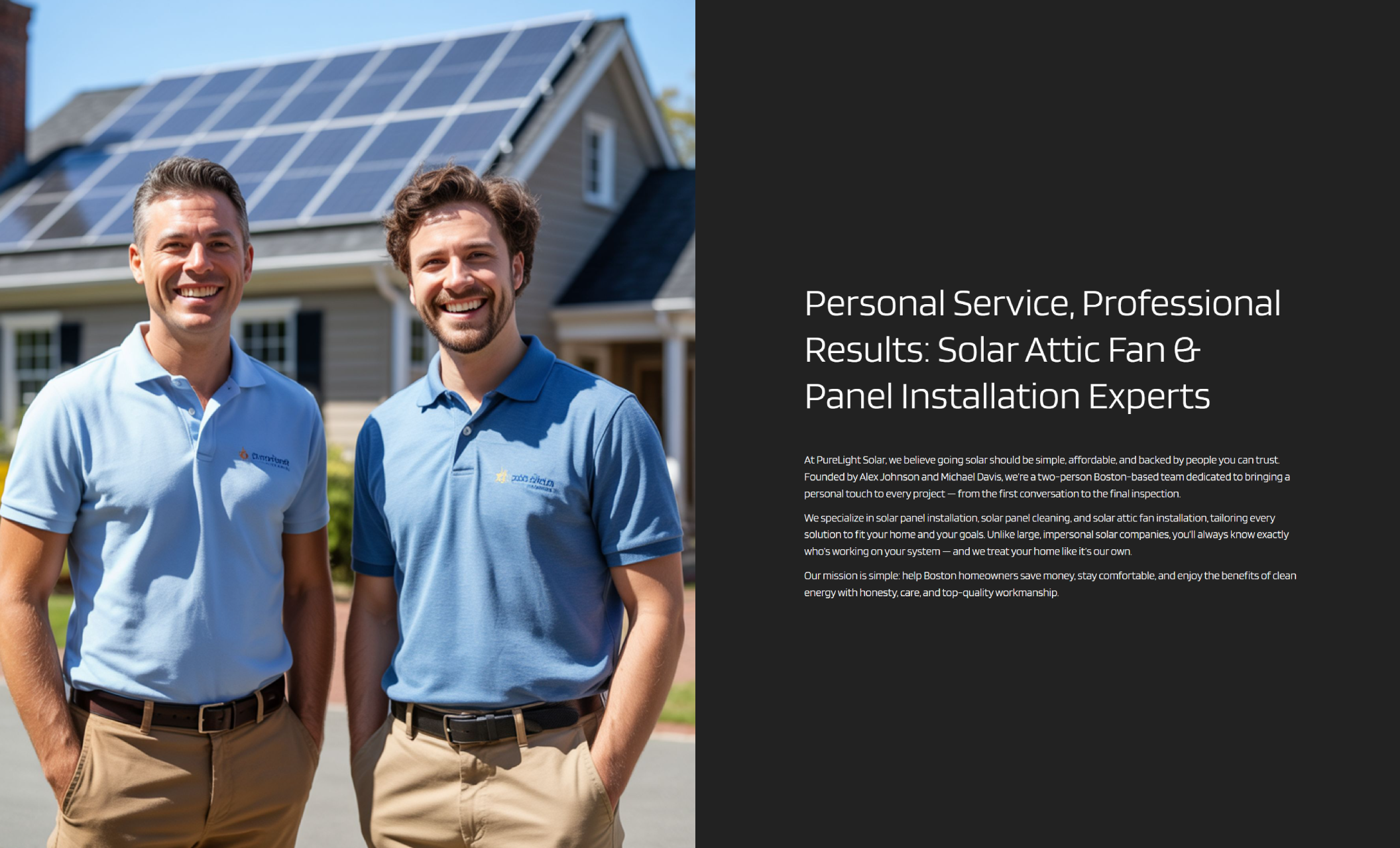 PureLight Solar website section featuring two smiling team members in light blue polos standing in front of a house with solar panels, beside the headline “Personal Service, Professional Results: Solar Attic Fan & Panel Installation Experts.”