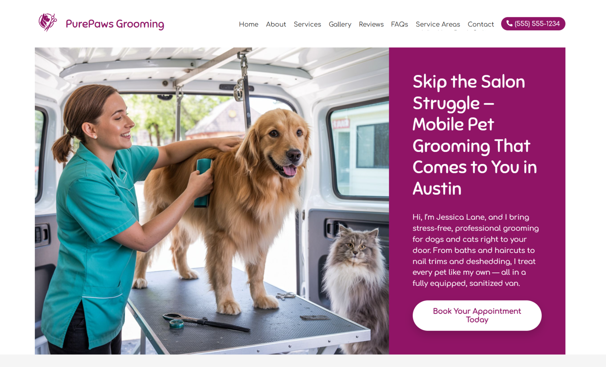 PurePaws Grooming homepage featuring a smiling groomer brushing a golden retriever beside a fluffy gray cat, under the headline “Skip the Salon Struggle — Mobile Pet Grooming That Comes to You in Austin” and a pink “Book Your Appointment Today” button