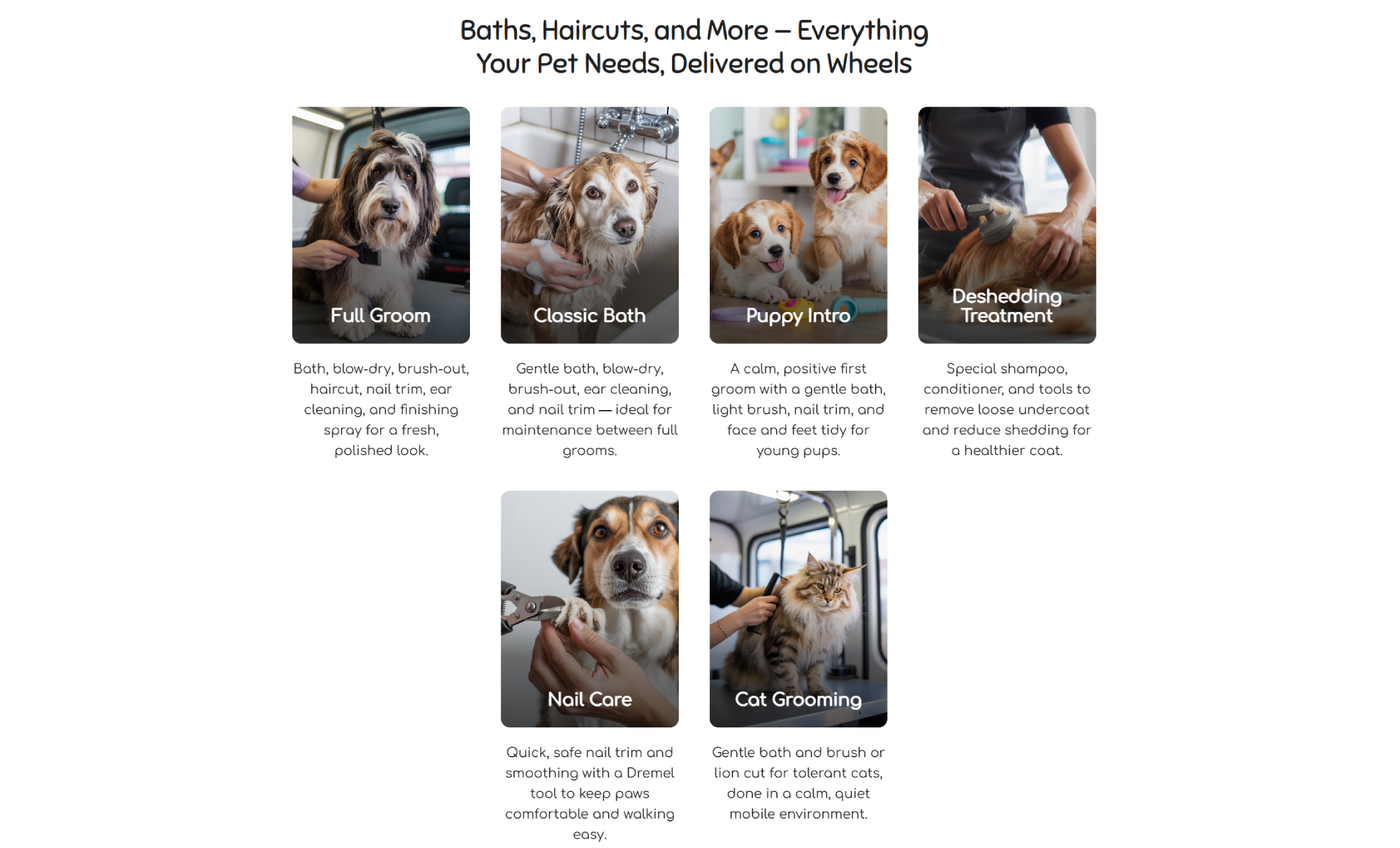 “Baths, Haircuts, and More — Everything Your Pet Needs, Delivered on Wheels” section showing six service cards for Full Groom, Classic Bath, Puppy Intro, Deshedding Treatment, Nail Care, and Cat Grooming, each with friendly pet images and short descriptions
