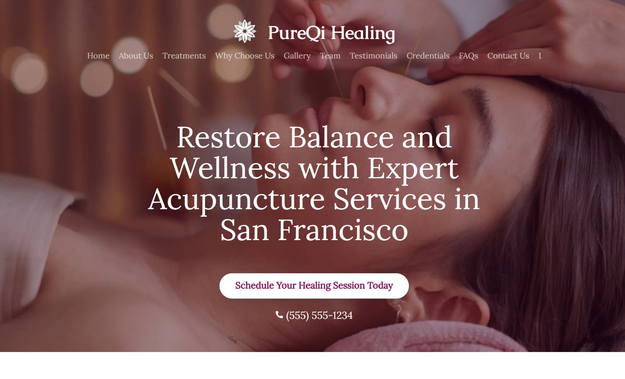 PureQi Healing's homepage featuring the image of woman getting an acupuncture treatment, company branding, call-to-action button, and a phone number