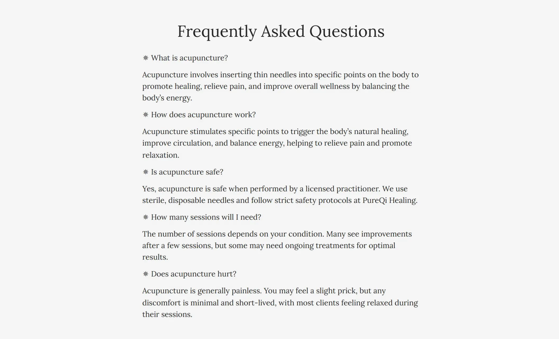 PureQi Healing's website displaying frequently asked questions