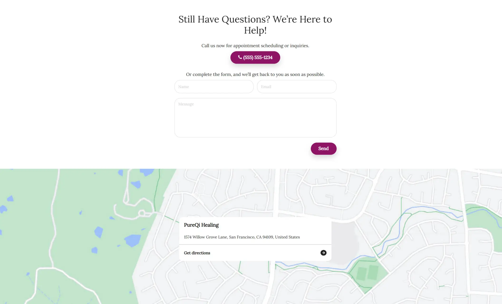 PureQi Healing's website displaying the contact form and a location map