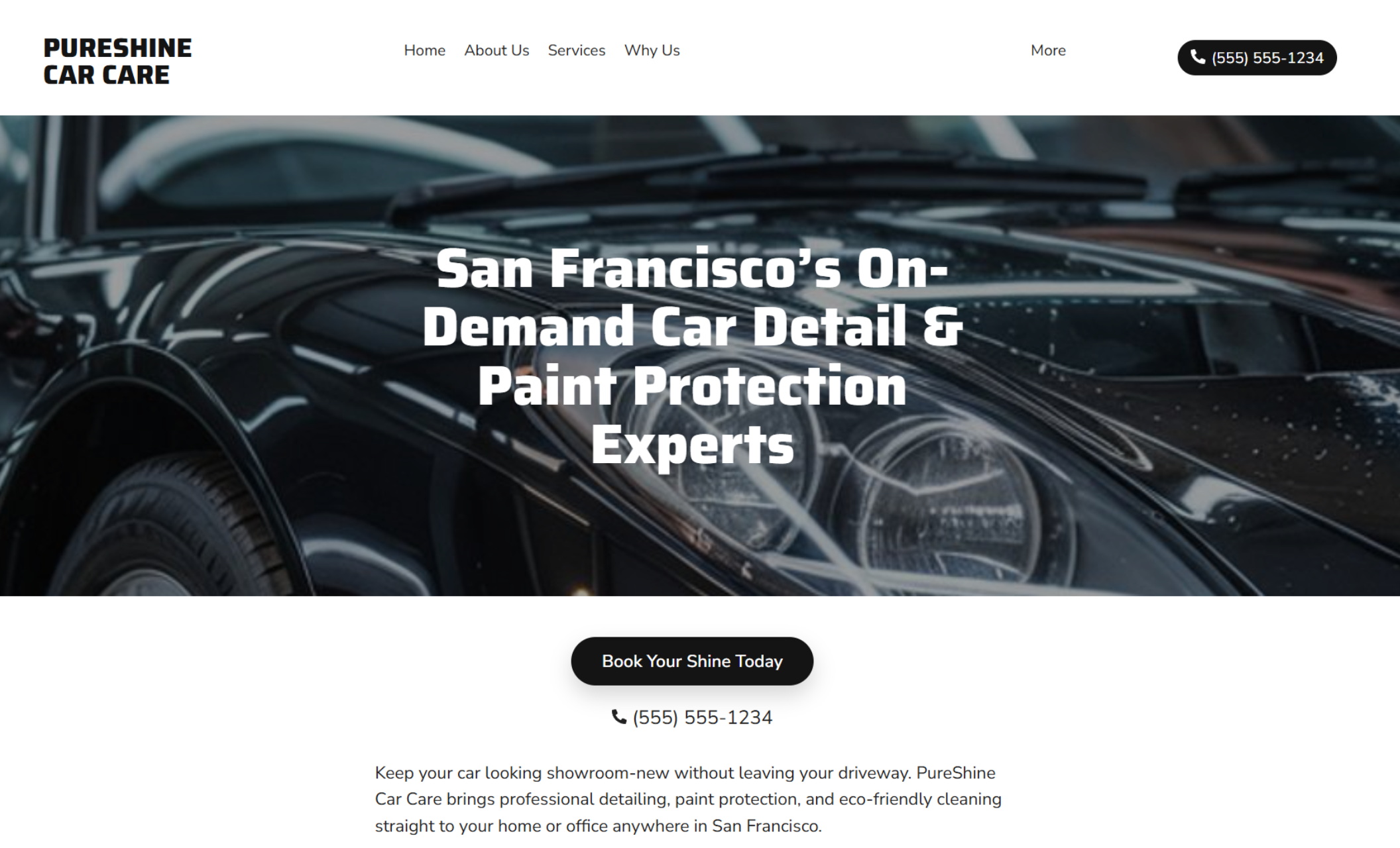 PureShine Car Care homepage with a bold white headline over a close-up of a glossy black car hood that reads “San Francisco’s On-Demand Car Detail & Paint Protection Experts” and a black button labeled “Book Your Shine Today.”