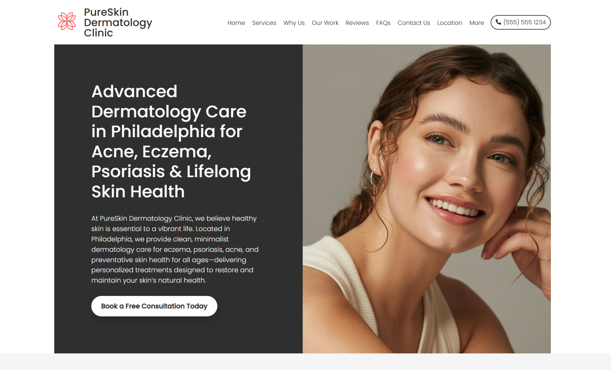 PureSkin Dermatology Clinic homepage hero featuring an image of a smiling woman with natural makeup poses beside the headline “Advanced Dermatology Care in Philadelphia for Acne, Eczema, Psoriasis & Lifelong Skin Health,” with a call-to-action button labeled “Book a Free Consultation Today.”
