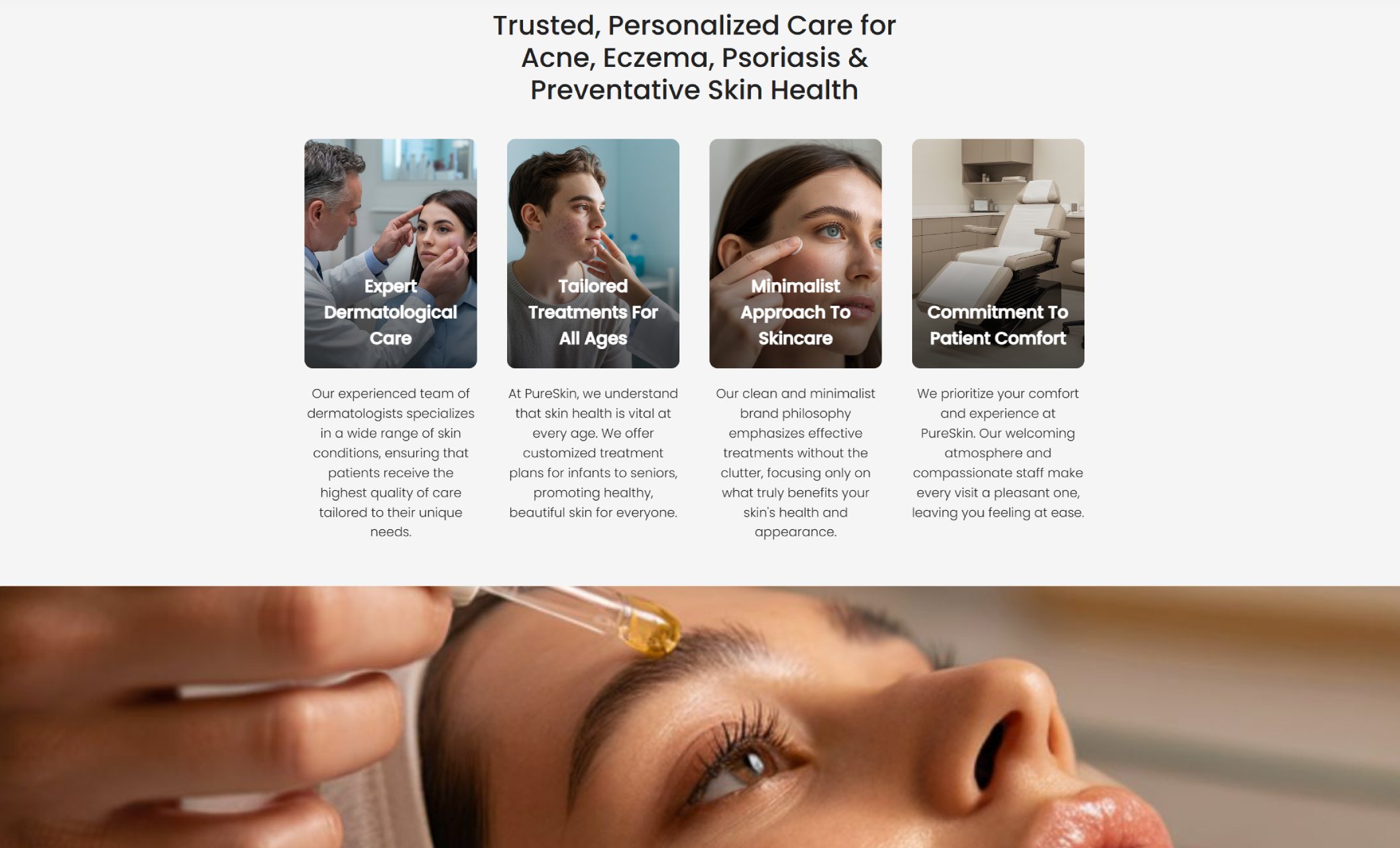 PureSkin Dermatology Clinic section displaying images of a dermatologist examining a patient, a teenager receiving care, a close-up skincare application, and a modern exam room, under the headline “Trusted, Personalized Care for Acne, Eczema, Psoriasis & Preventative Skin Health.”