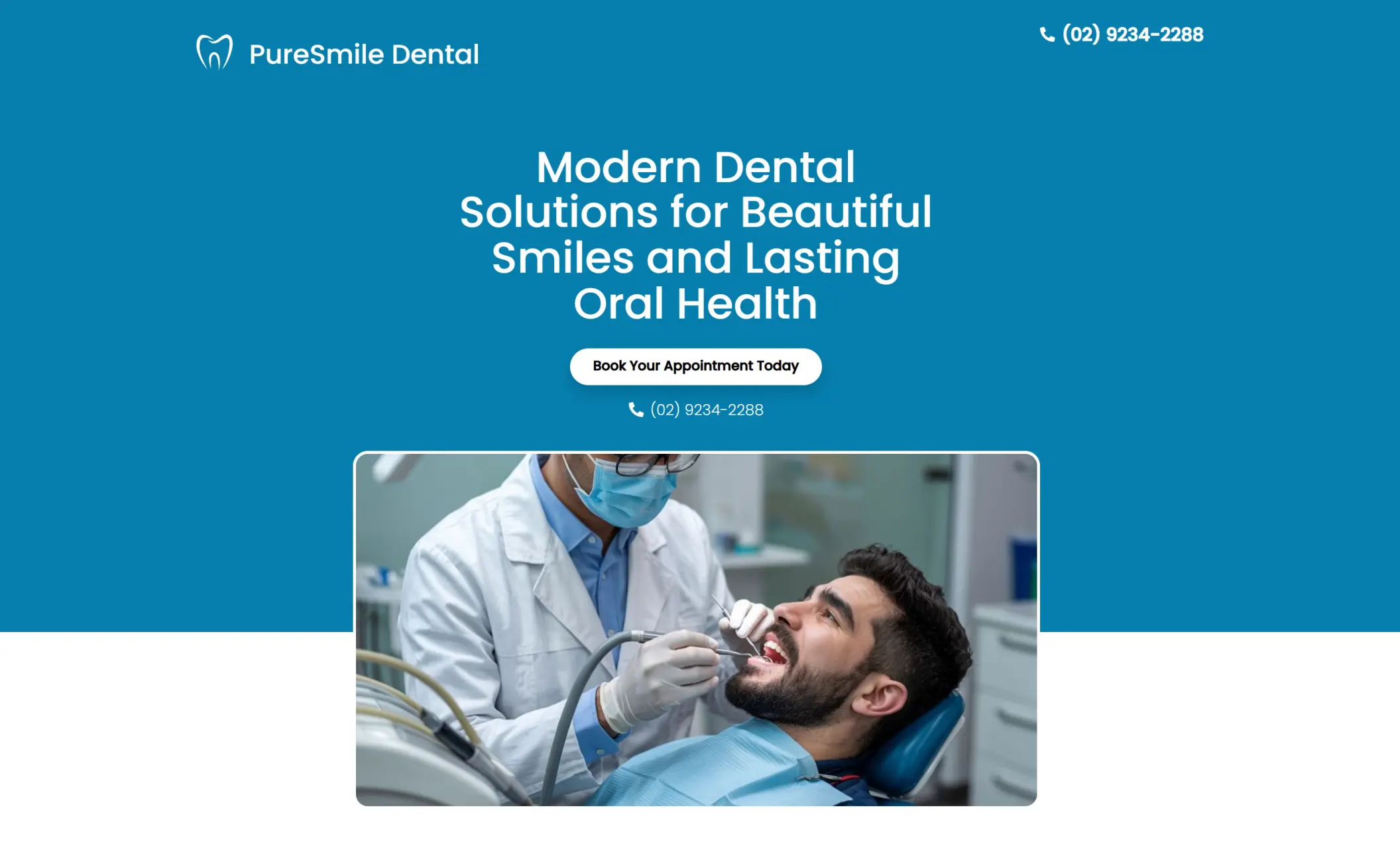 PureSmile Dental's homepage featuring the image of a patient in the middle of a checkup, company branding, call-to-action button, and a phone number