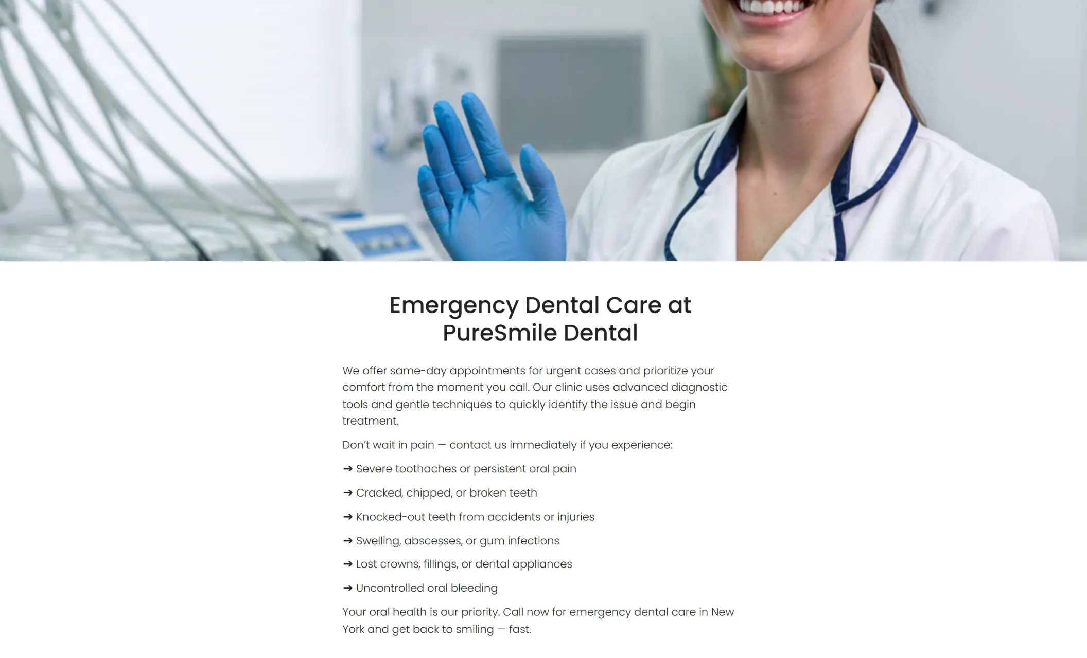 PureSmile Dental's website displaying the "Emergency Dental Care at PureSmile Dental" section, and the image of a dentist smiling