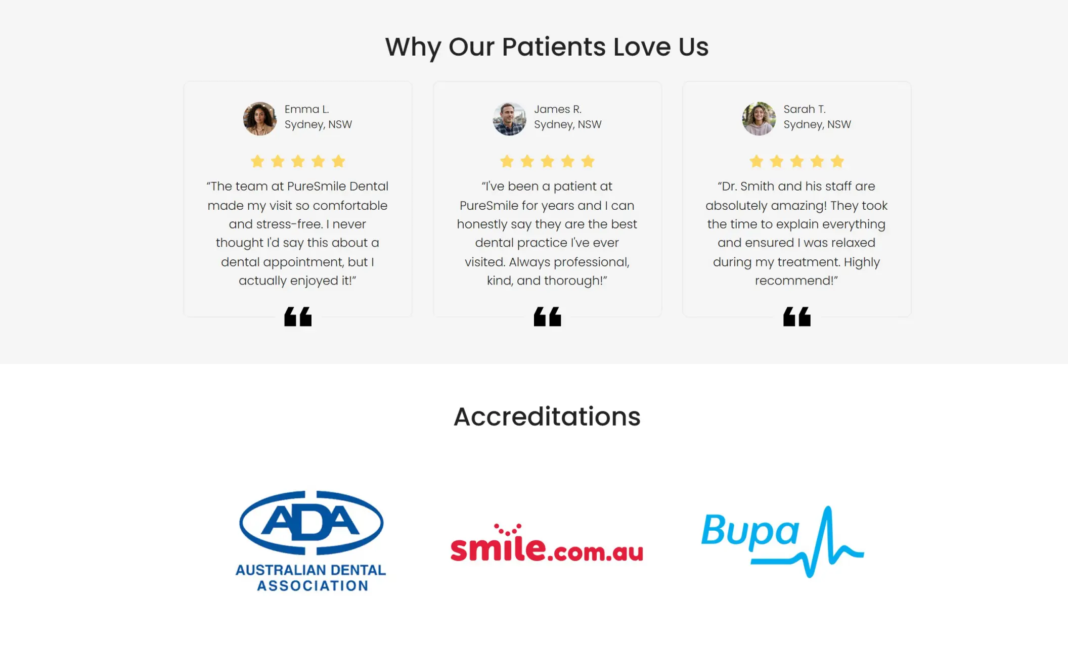 PureSmile Dental's website displaying client testimonials, and accreditations