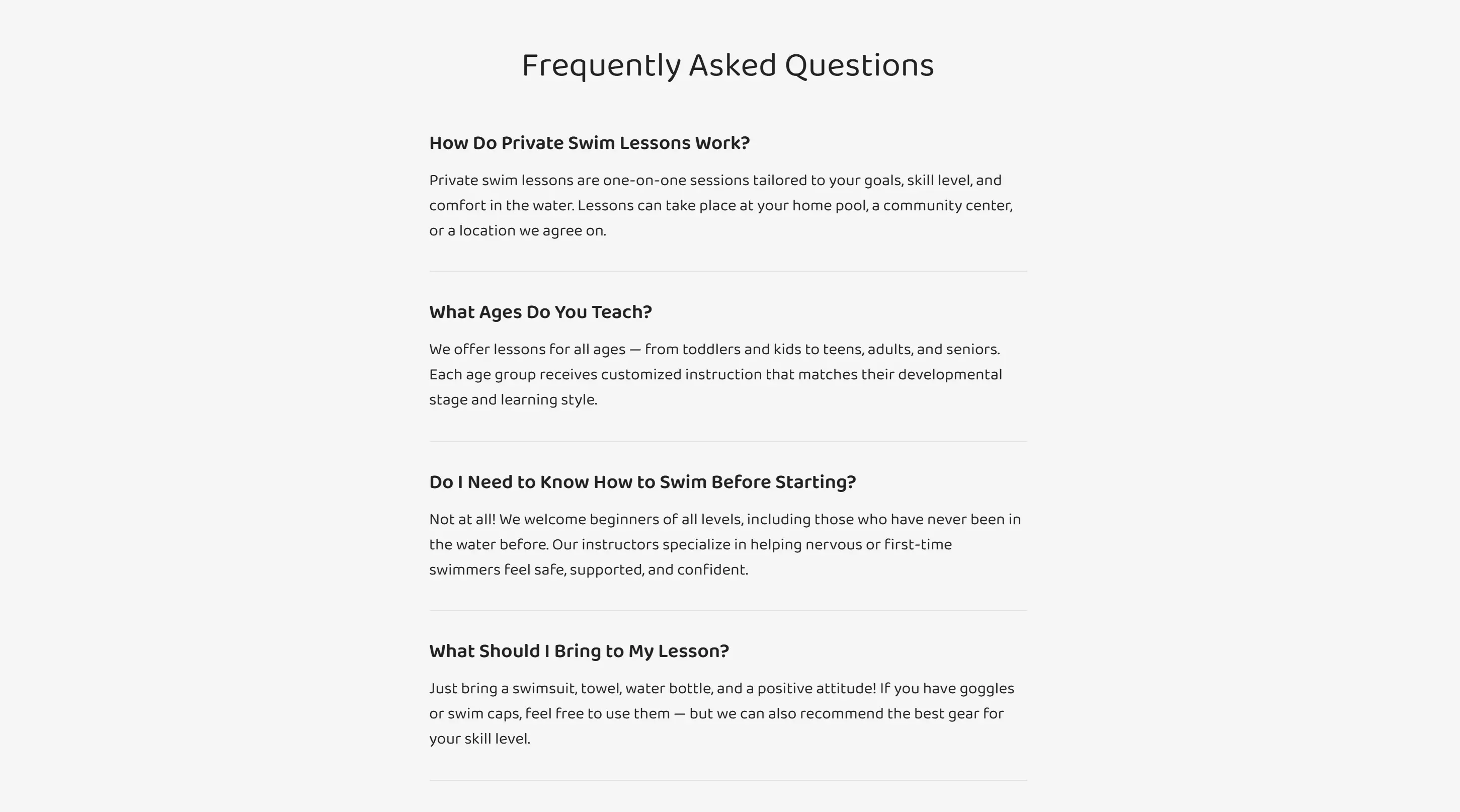 PureStroke Swimming's website displaying frequently asked questions