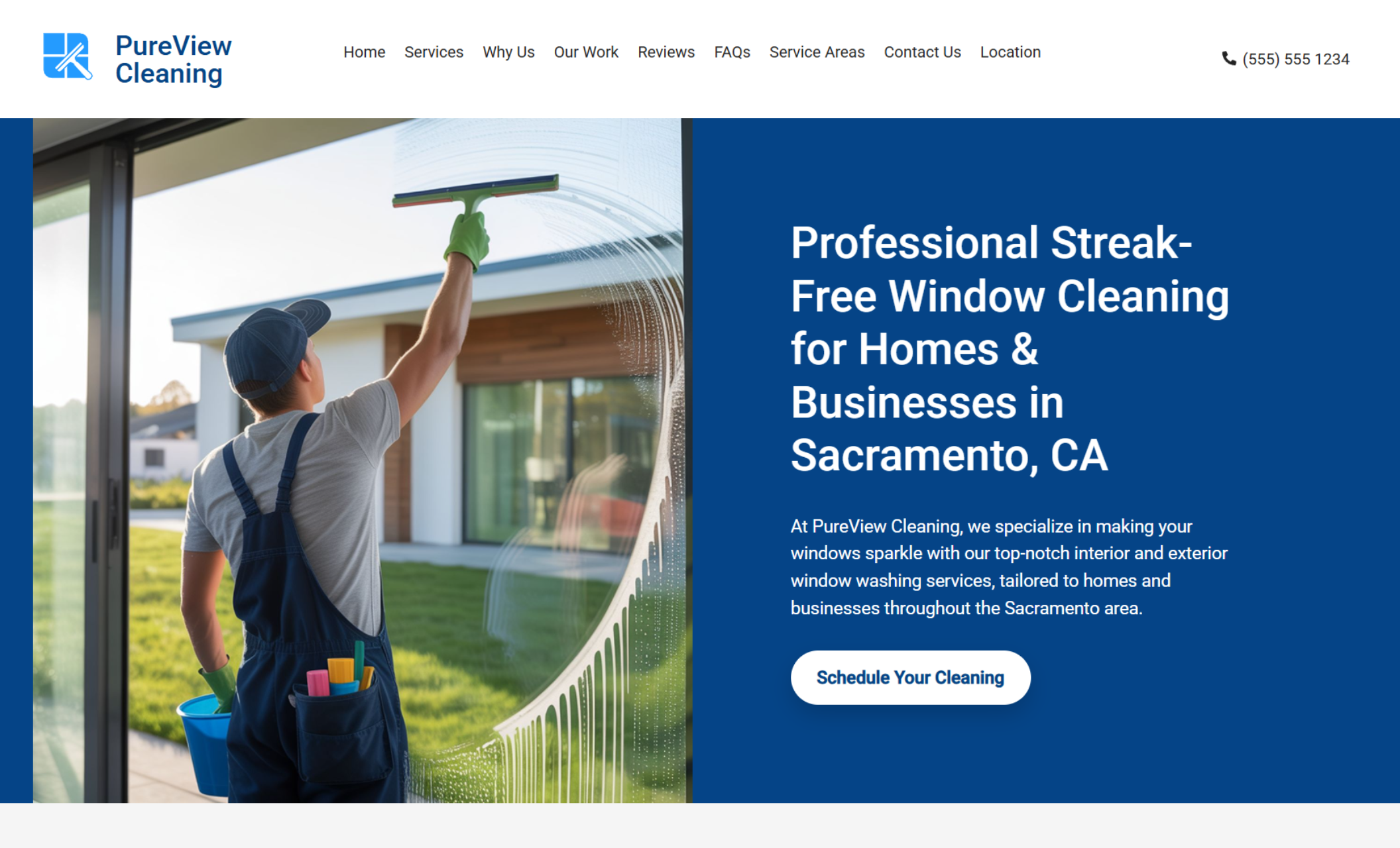 PureView Cleaning homepage hero with a worker using a squeegee on a large window, alongside a blue panel headline reading “Professional Streak-Free Window Cleaning for Homes & Businesses in Sacramento, CA.”