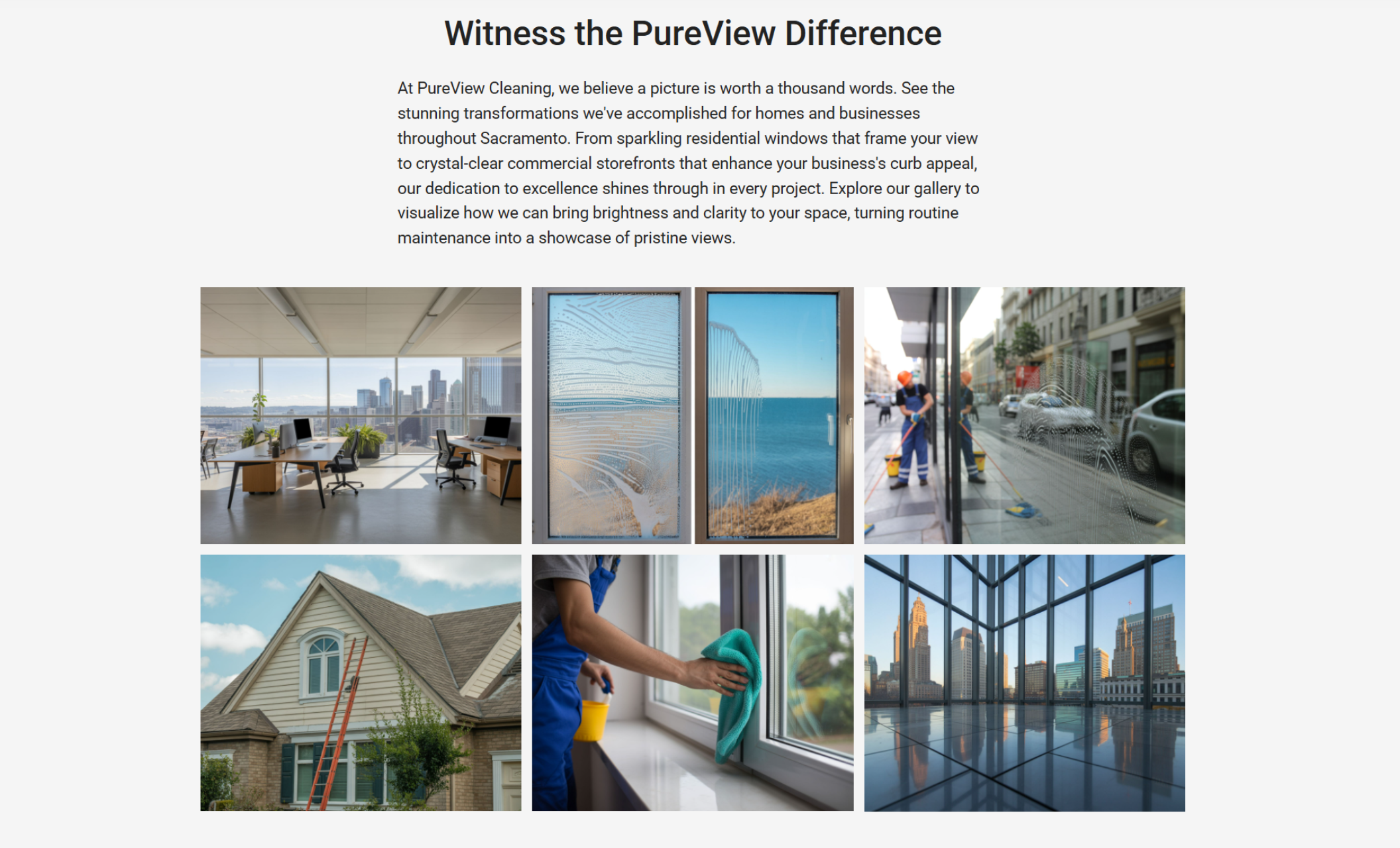PureView Cleaning gallery section titled “Witness the PureView Difference,” showcasing before-and-after window cleaning images including offices, storefronts, and residential spaces in a clean grid layout