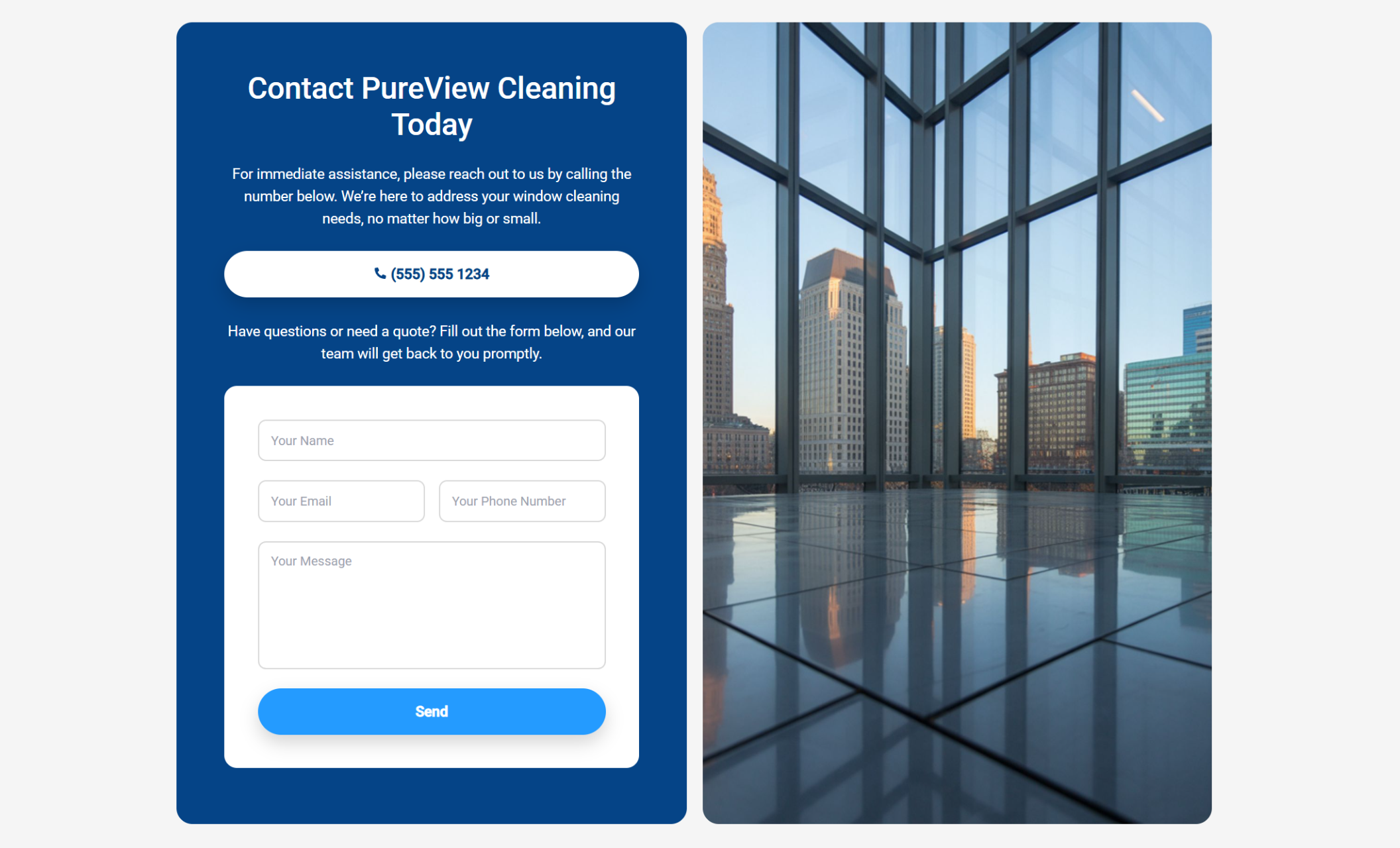 PureView Cleaning contact section featuring a bold blue panel with a phone number, contact form fields, and a large “Send” button beside a modern glass interior view