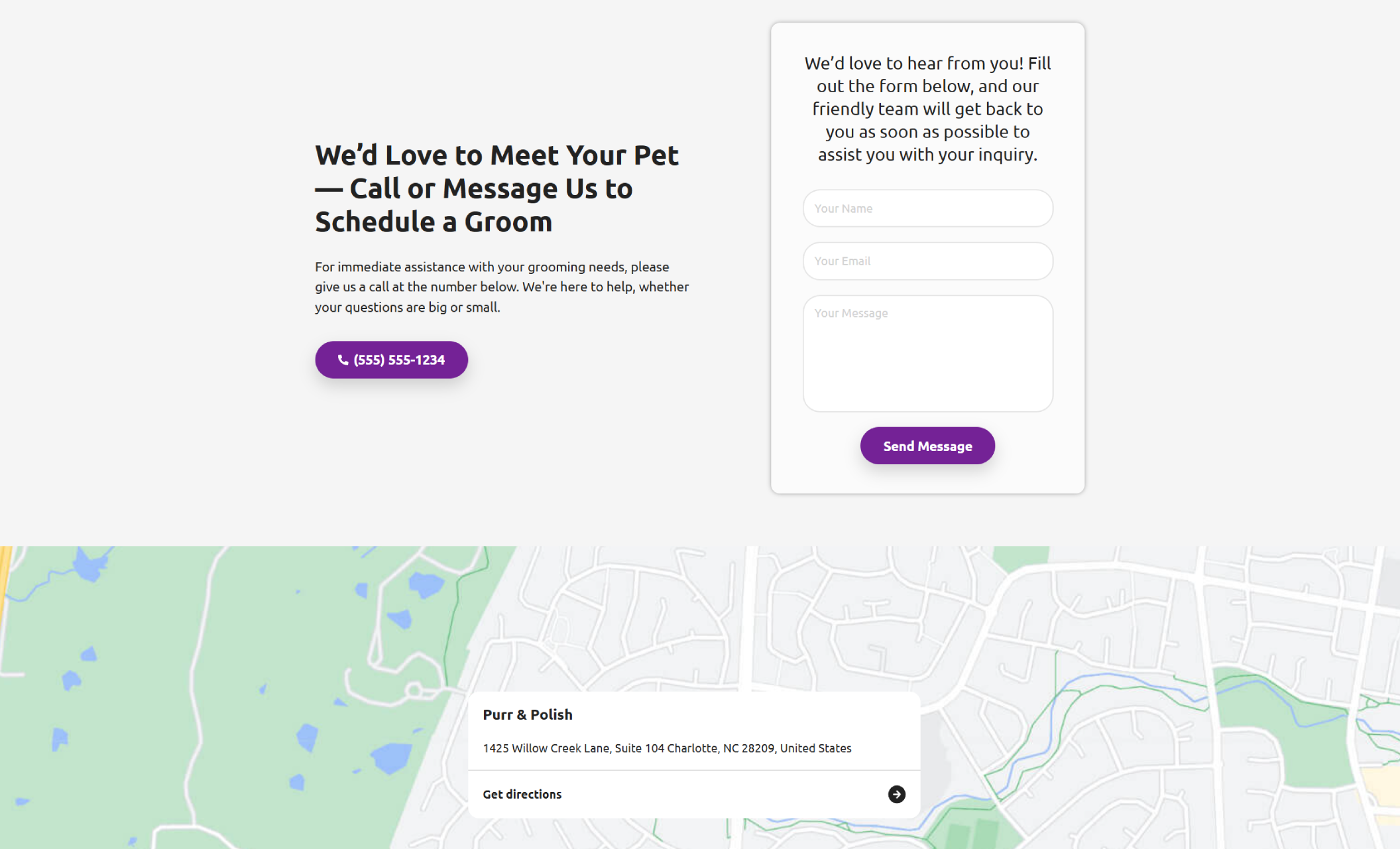 Contact section for Purr & Polish featuring a call-to-action that reads “We’d Love to Meet Your Pet — Call or Message Us to Schedule a Groom,” with a purple phone button, a contact form on the right, and a map pinpointing the Charlotte salon location below