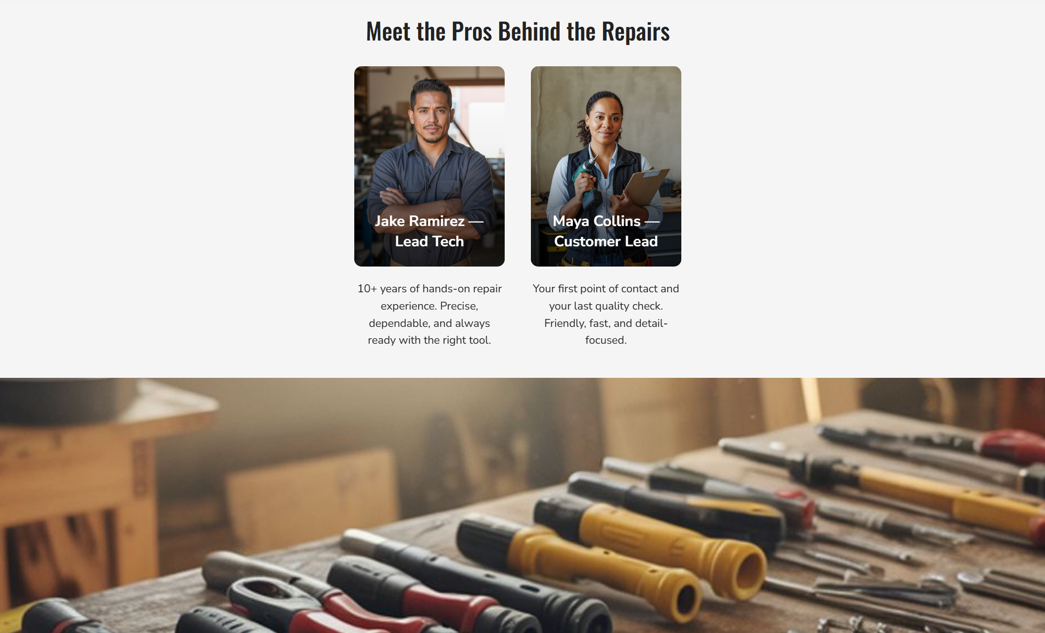 Team introduction section with photos of Jake Ramirez and Maya Collins beside the headline “Meet the Pros Behind the Repairs,” along with tool handles in the blurred foreground