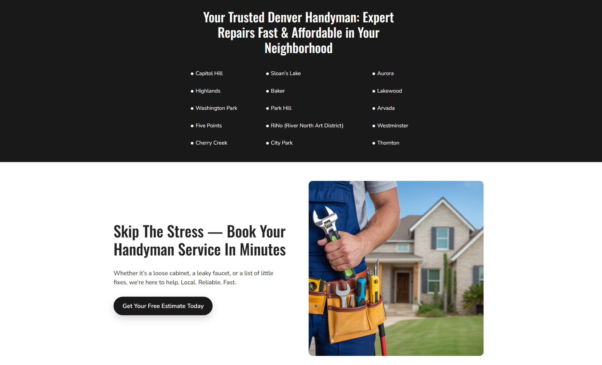 Service area and CTA section showing a handyman in blue overalls holding a wrench and standing in front of a beige house, beside the headline “Skip the Stress — Book Your Handyman Service in Minutes.”
