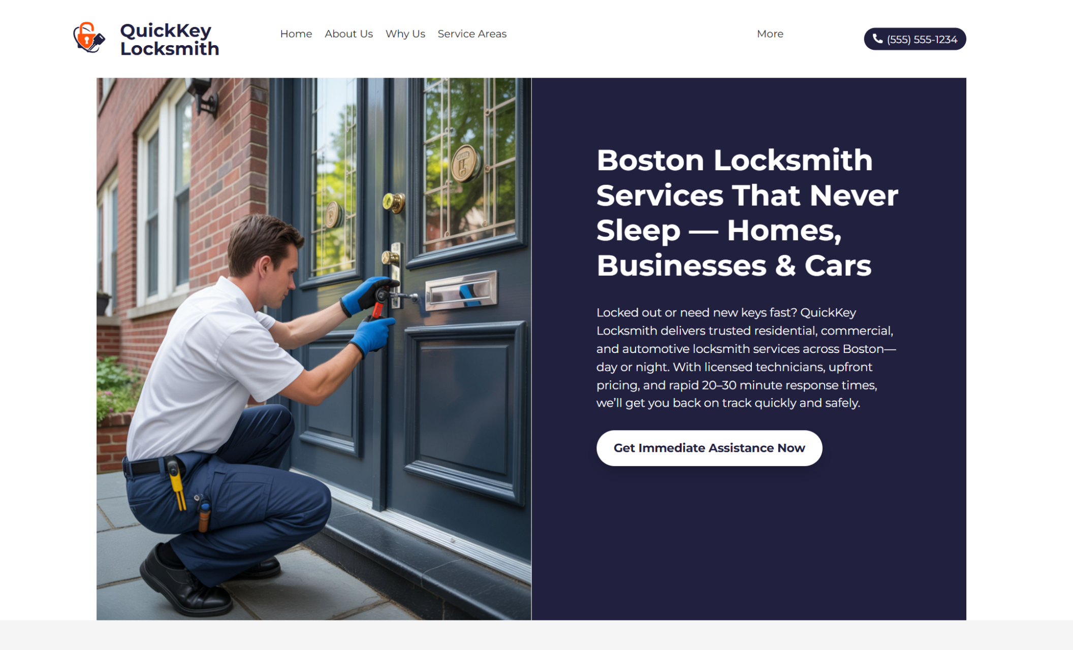QuickKey Locksmith homepage featuring a uniformed locksmith kneeling and unlocking a front door, alongside the headline “Boston Locksmith Services That Never Sleep — Homes, Businesses & Cars” with a call-to-action button