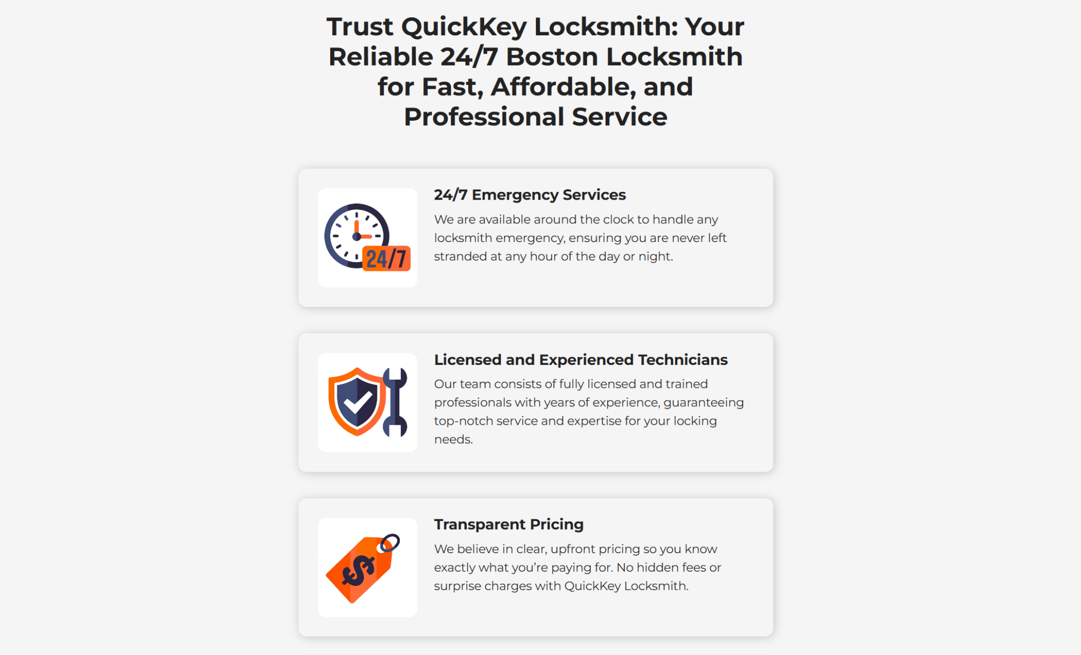 Service highlights section for QuickKey Locksmith with three illustrated icons and text describing 24/7 emergency services, licensed technicians, and transparent pricing