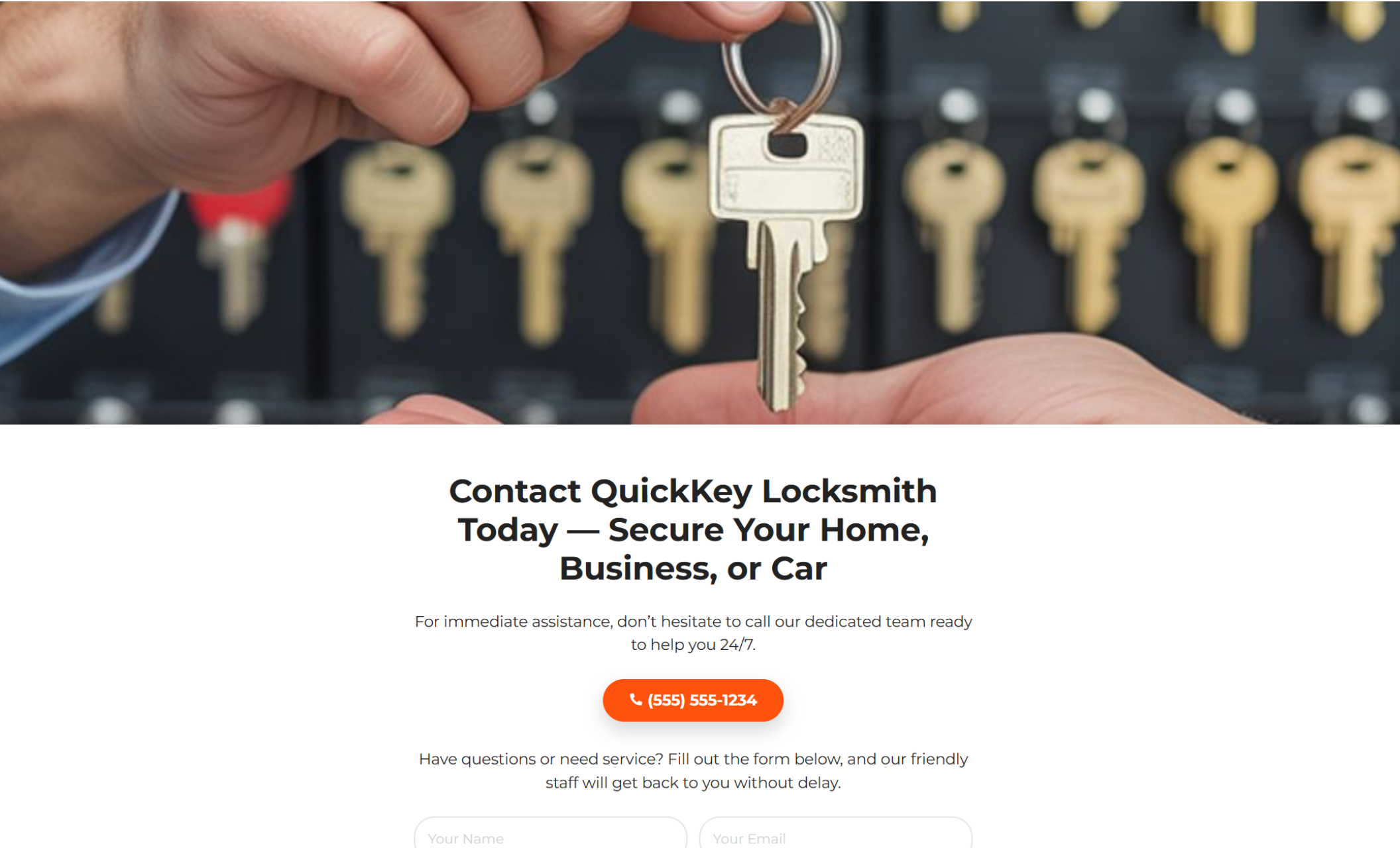 Contact section for QuickKey Locksmith showing a close-up of a hand holding a house key in front of a wall of keys, with the headline “Contact QuickKey Locksmith Today — Secure Your Home, Business, or Car.”