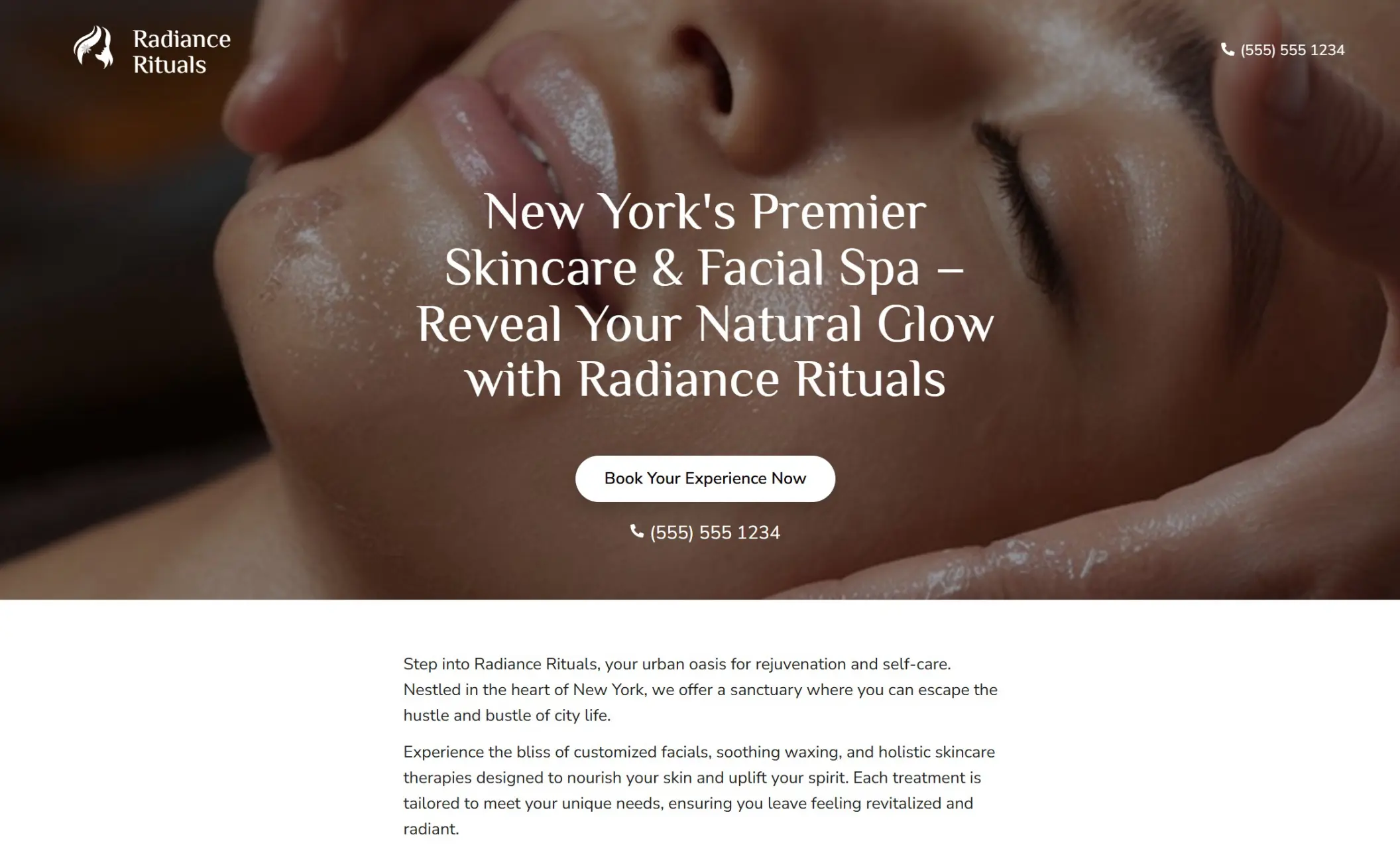 Radiance Rituals' homepage featuring the image of a woman getting a facial, company branding, call-to-action button, and a brief introduction of the company