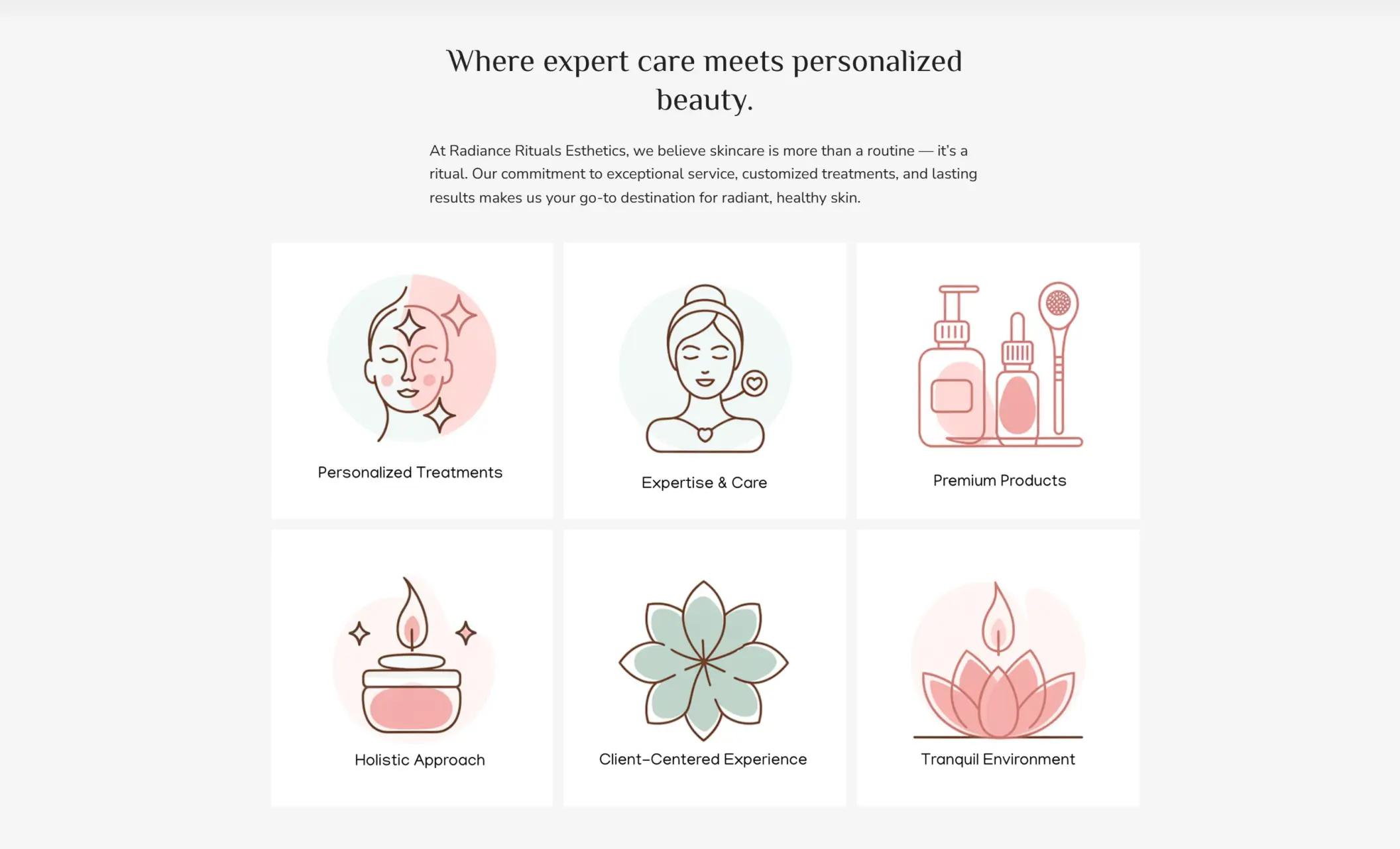 Radiance Rituals' website displaying benefits and including personalized treatments, expertise & care, premium products, holistic approach, client-centered experience, and tranquil enviroment