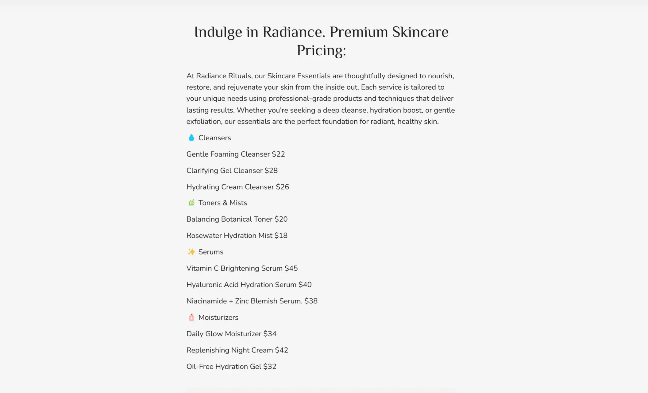 Radiance Rituals' website displaying the pricing section